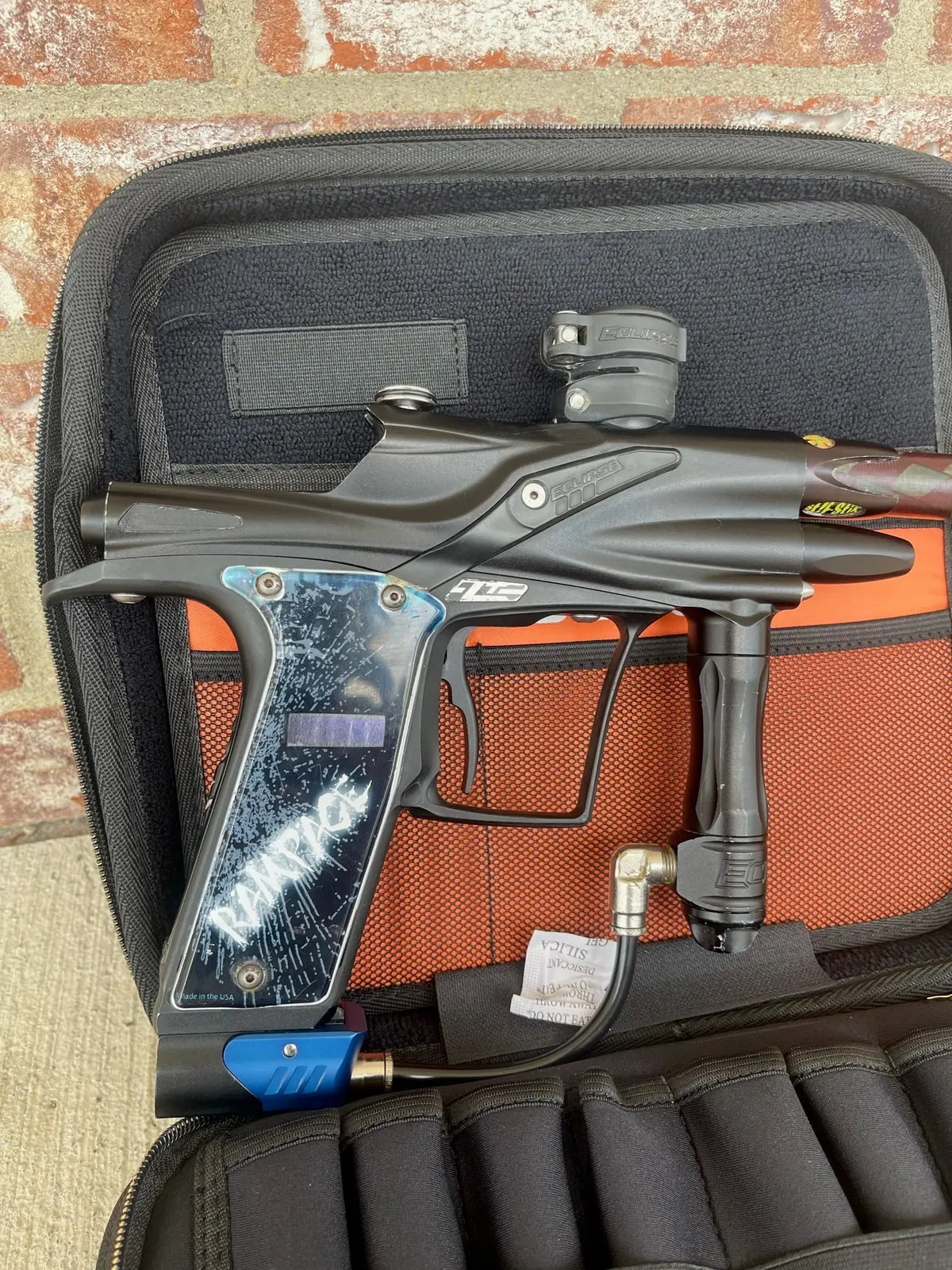 Used Planet Eclipse Etek 3 Lt Paintball Gun - Dust Black W/ 14" American Flag Stiffi, Pops Asa, & Rampage Board 1