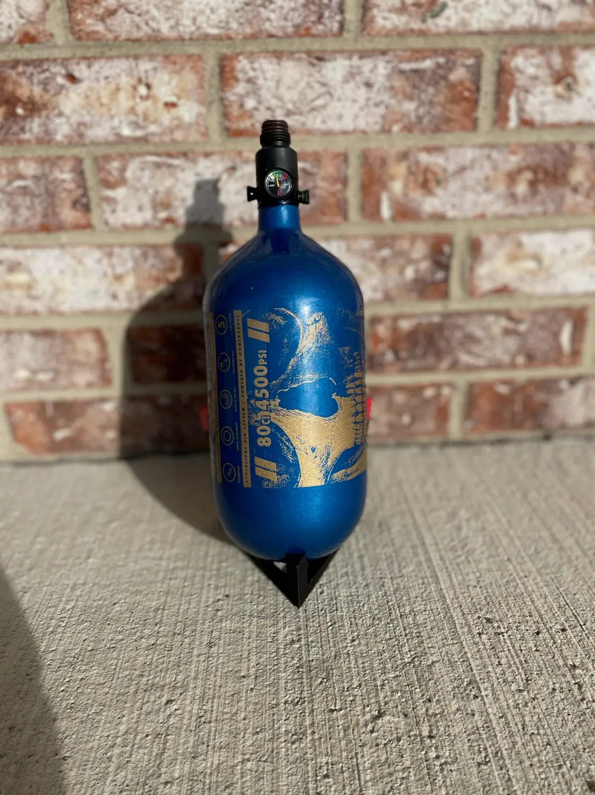 Used Infamous 80/4500 Skeleton Air Paintball Tank - Blue / Gold W/ Ninja Standard Regulator And Fill Nipple Cover 1