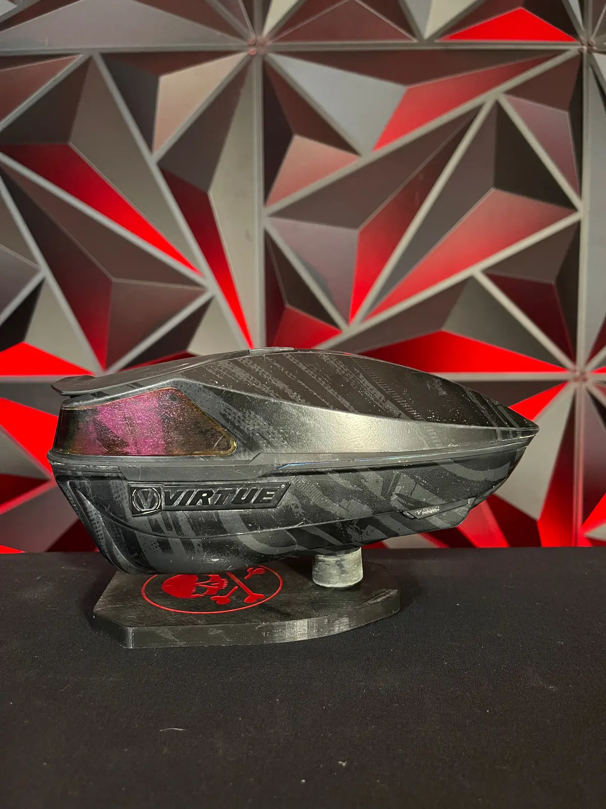 Used Virtue Spire Iv Paintball Loader - Graphic Black W/Amethyst Windows And Rain Lid 1