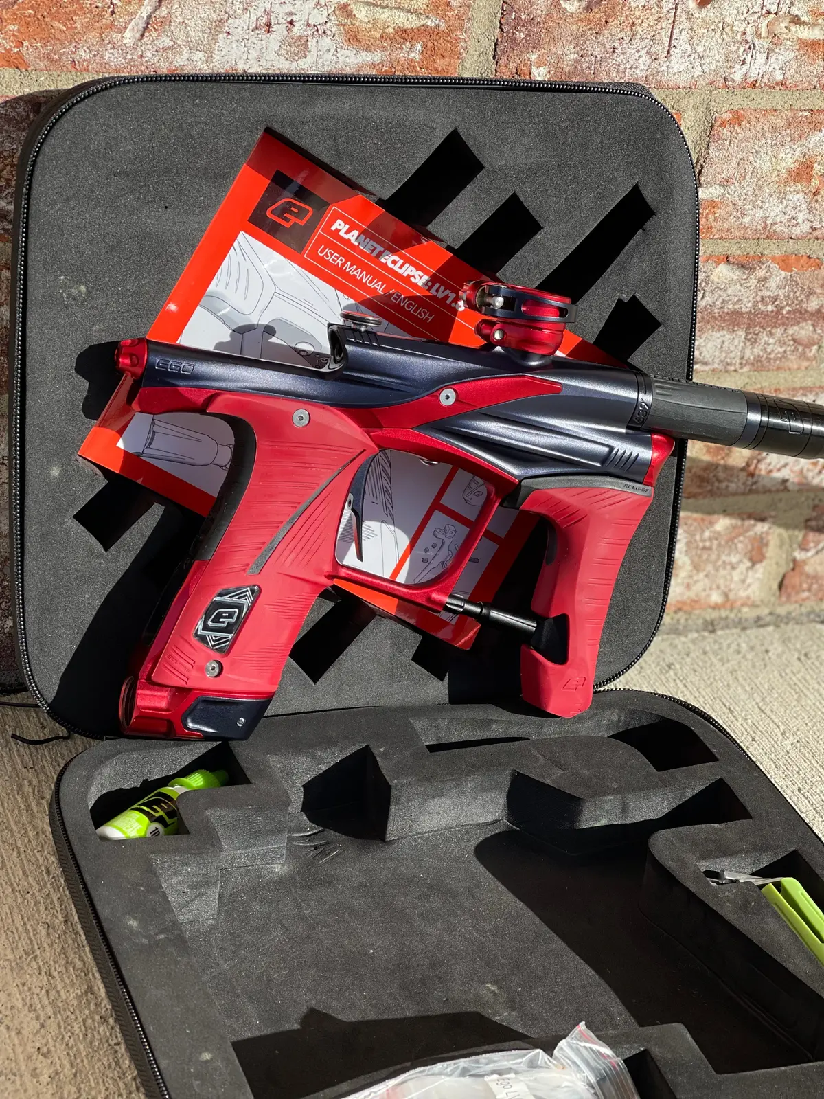 Used Planet Eclipse Lv1.6 Paintball Gun - Black / Red W/ Red Grip Kit 1