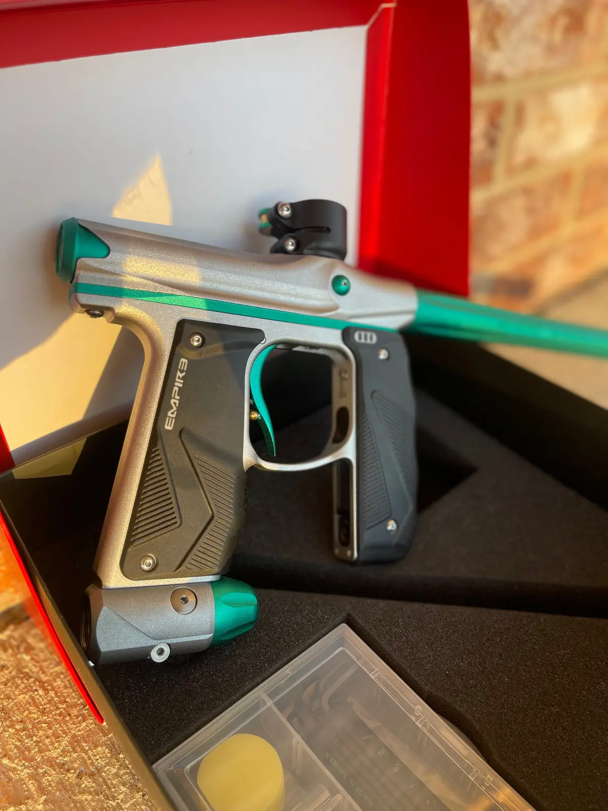 Used Empire Mini Gs Paintball Gun - Dust Grey/Teal W/ Redline Oled Board 1