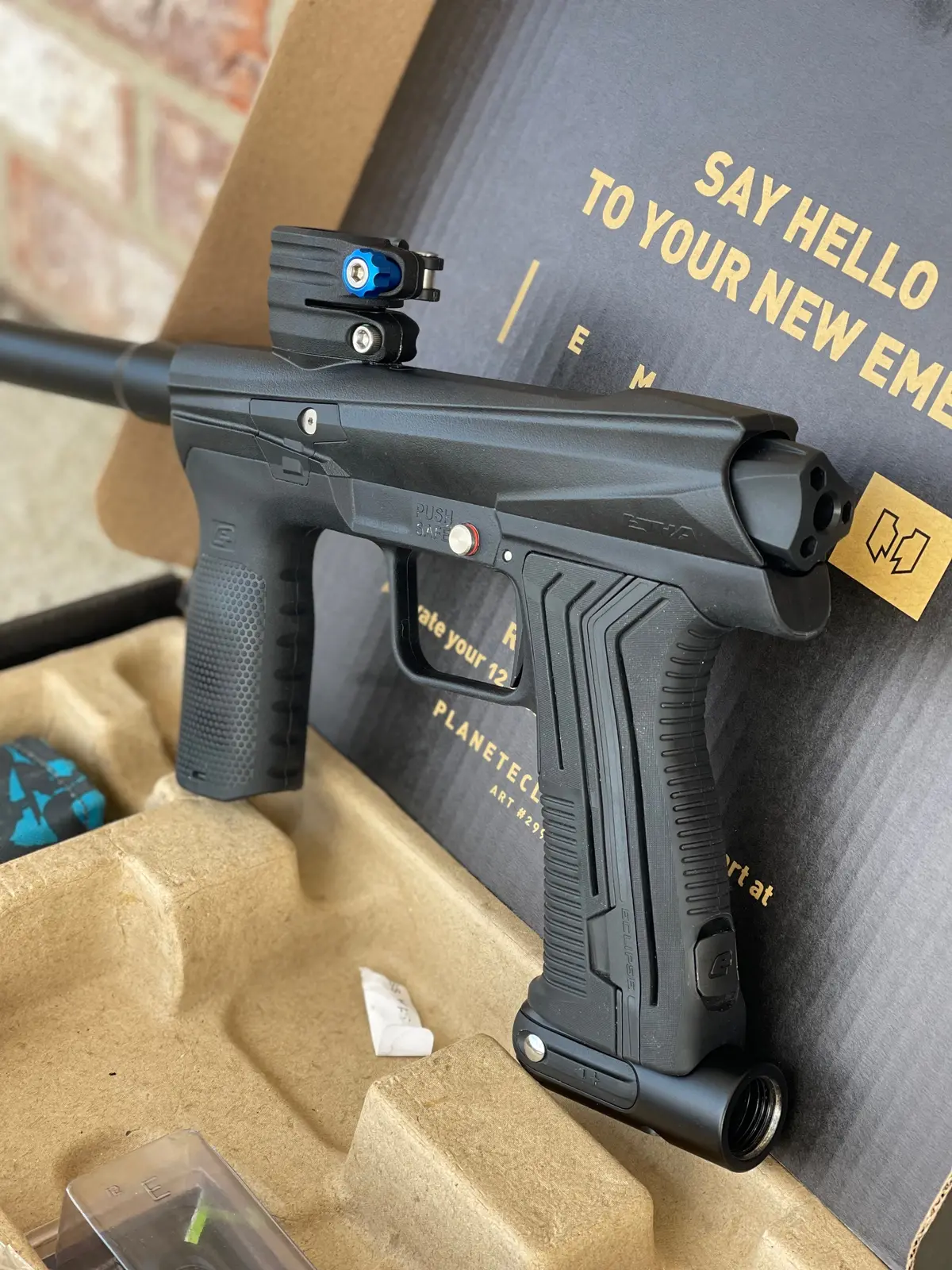 Used Planet Eclipse Emek 100 Paintball Gun - Black - Core Hyper Deuce Trigger, Hair 45 Trigger Valve, Pops Asa, And Exalt Thumbscrew 2