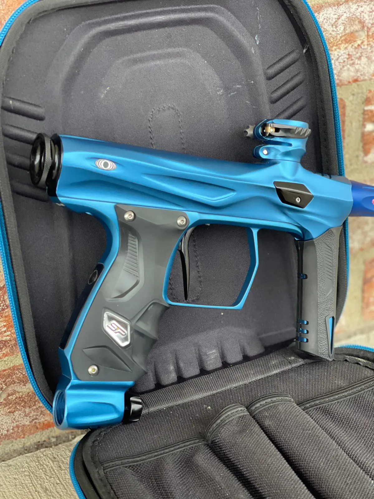 Used Shocker Amp Paintball Gun - Dust Blue W/Deep Blue Freak Xl Back 1