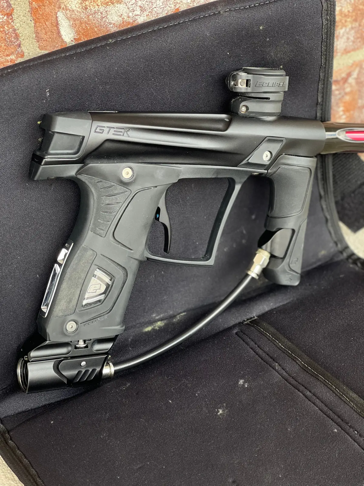 Used Planet Eclipse Gtek Oled Paintball Marker- Black With Gmek Frame, Deadlywinds 14" Carbon Fiber Tip, Pops Asa W/Dropdown Rail 1