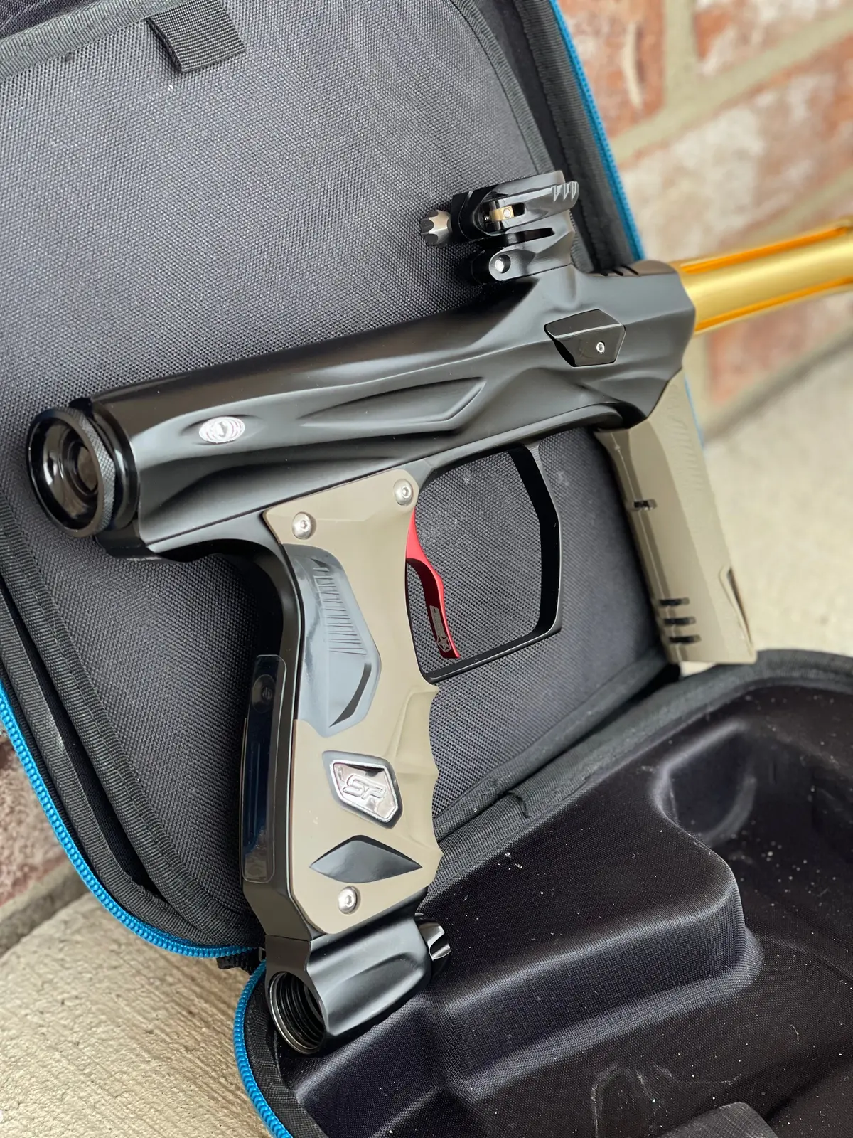 Used Shocker Amp Paintball Gun - Black W/ Red Ssc Deuce Trigger And Infamous Red & Gold Silencio Fxl Barrel 1