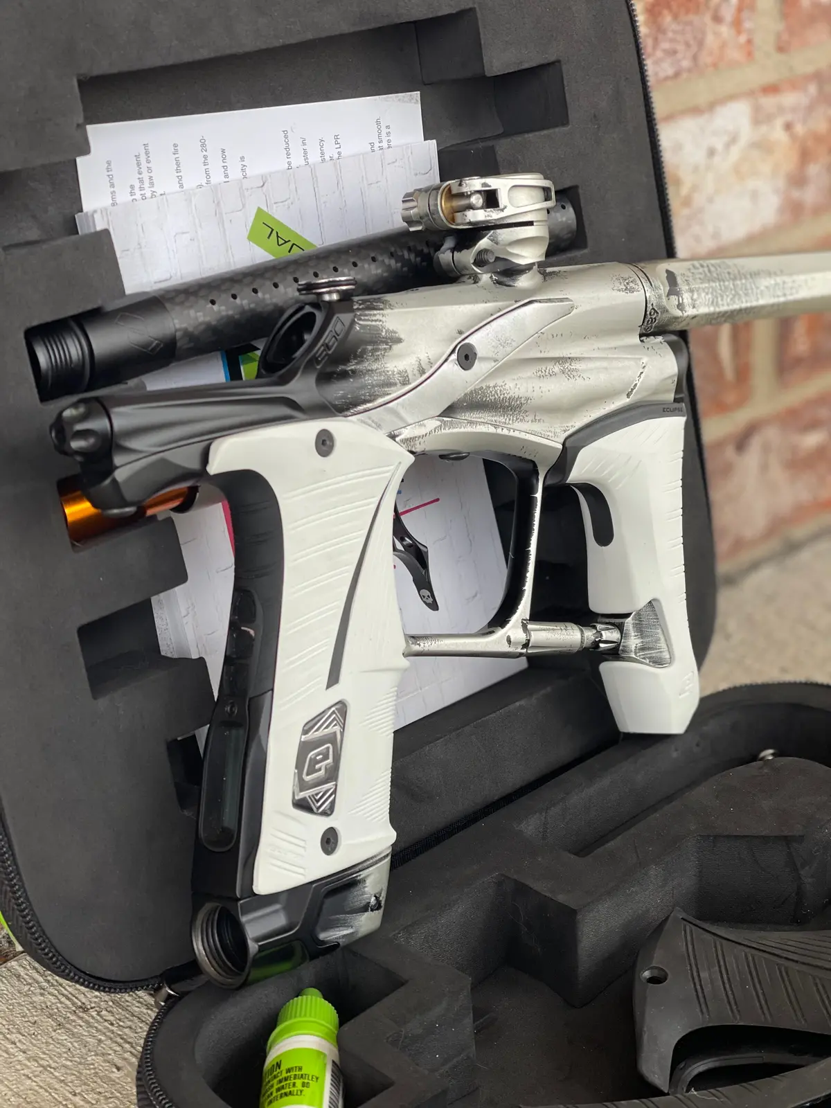 Used Planet Eclipse Ego Lv1.5 Paintball Marker- Silver/Black Fade Custom Anno W/ Infamous Deuce Trigger, White & Black Grips, Freak Barrel & Stock Barrel 1