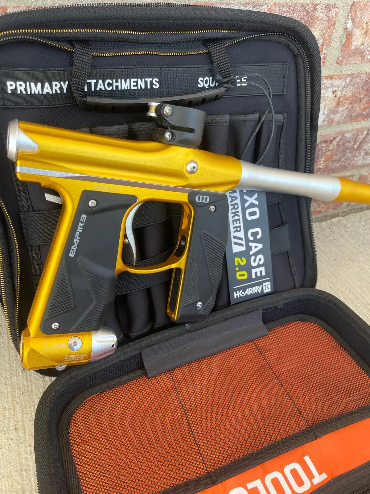Used Empire Mini Gs Paintball Gun W/ 2 Piece Barrel - Dust Gold / Silver W/ Hk Army Exo 2.0 Marker Case 1