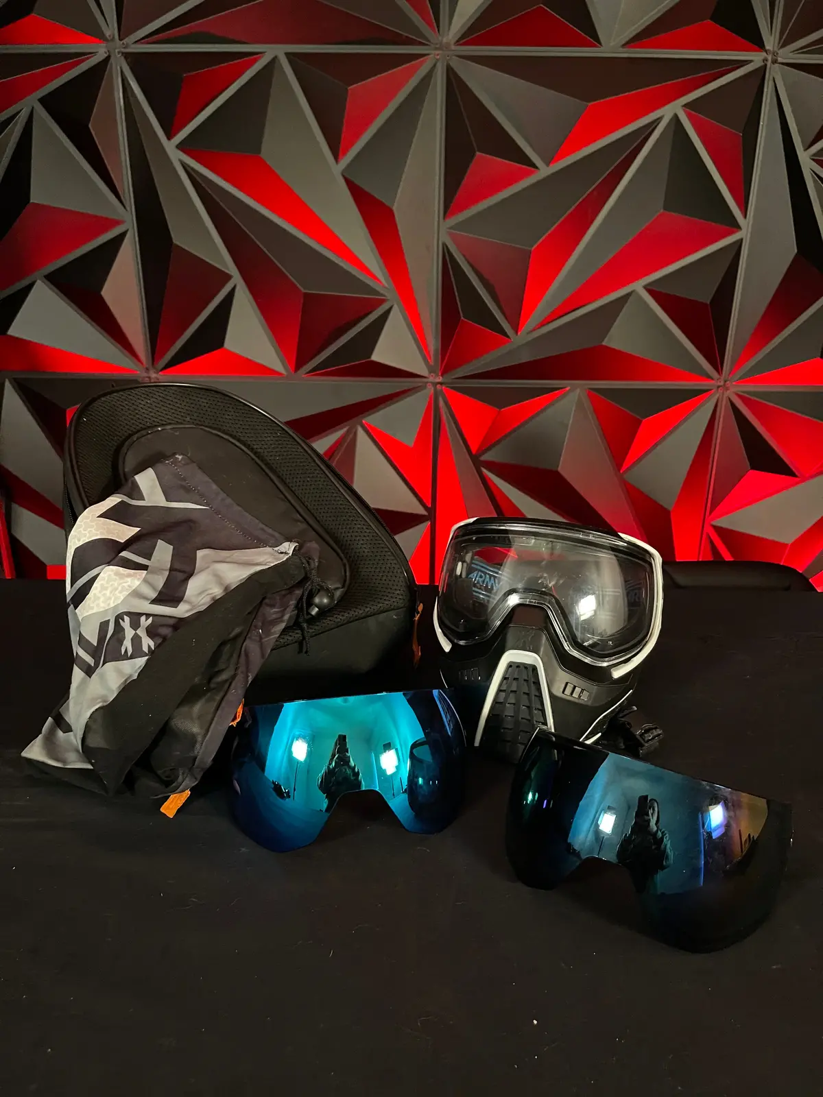 Used Hk Army Klr Paintball Mask - Black/White - 2 Additional Lens, Soft Goggle Bag, And Carbon Goggle Mask 1