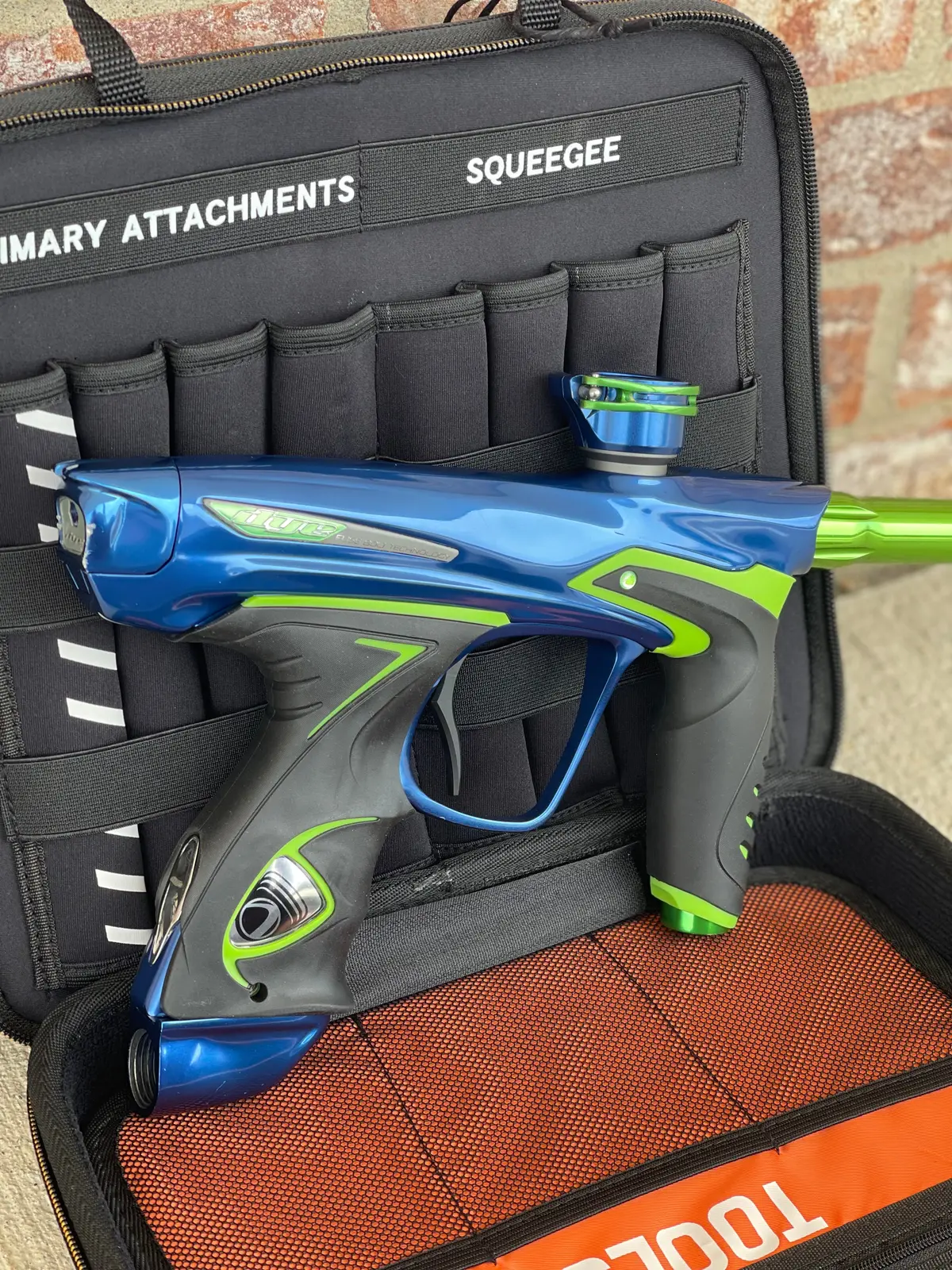 Used Dye Dm14 Paintball Marker - Blue/Lime With New Lime Grips And Freak Bored Ul Back 1