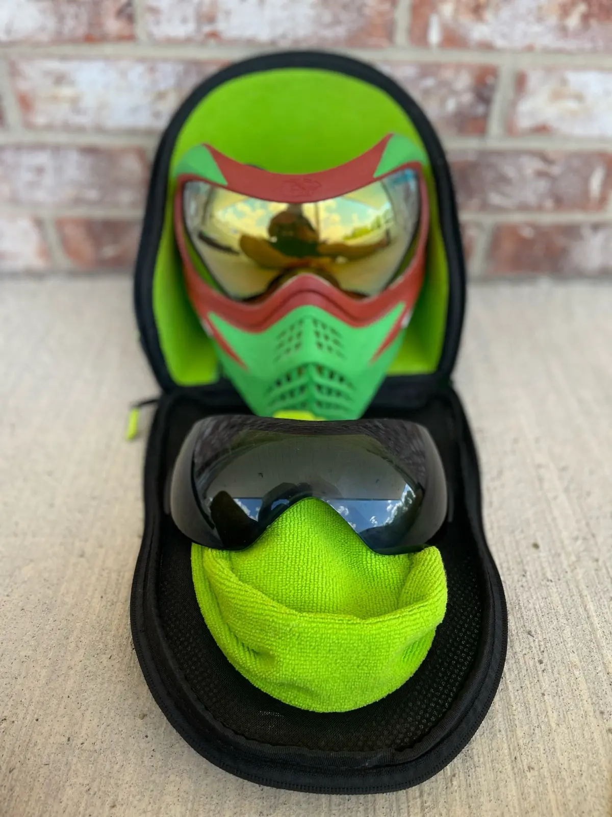 Used V-Force Grill Paintball Mask - Cowabunganga Series - Green/Red W/ 2 Lenses & Exalt Goggle Case 1