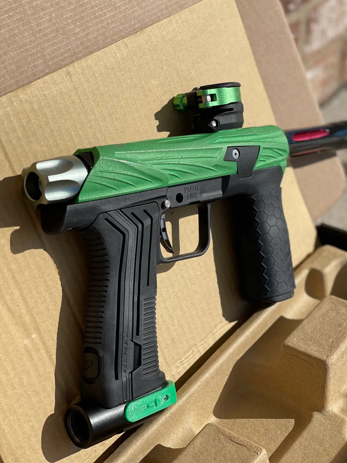 Used Planet Eclipse Emek 100 Paintball Gun - Green - Custom Body W/ Infamous Murder Trigger W/ Freak Xl Barrel Kit, Hair 45 Trigger Valve, Pops Asa, Exalt Back Cap, Exalt Feedneck Lever, Rubber Front Grip Sleeve 1
