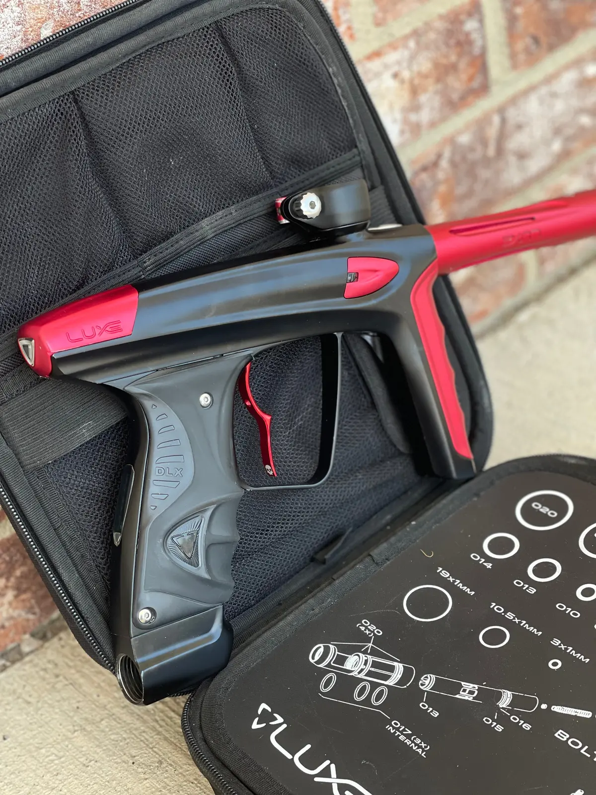 Used Dlx Luxe Ice Paintball Gun - Dust Black / Dust Red W/ Infamous Deuce Trigger And 3 Freak Inserts 1