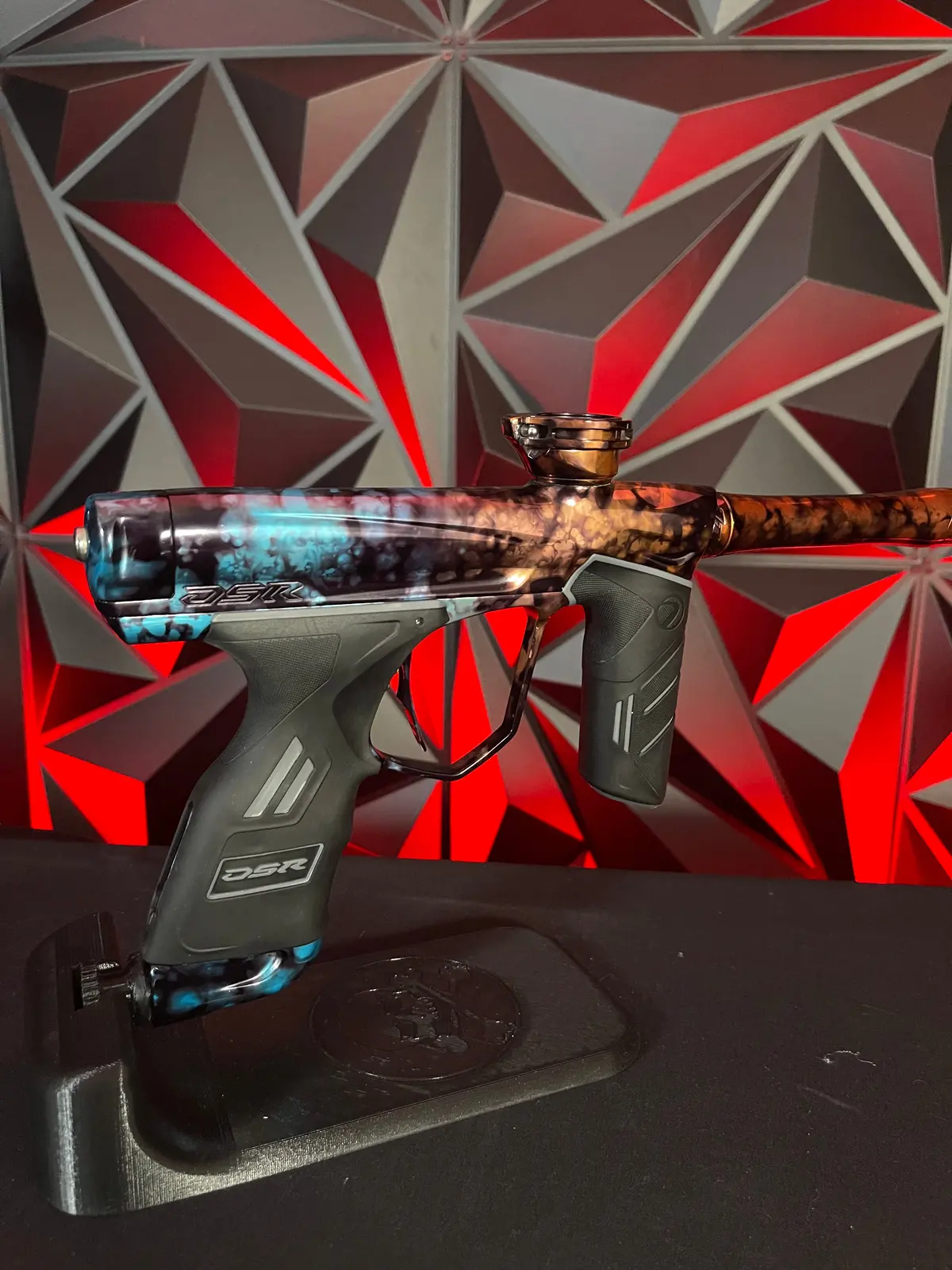 Used Dye Dsr Paintball Gun - Blue/Orange Polished Cosmic Fade W/Flex Face Bolt + Can 1