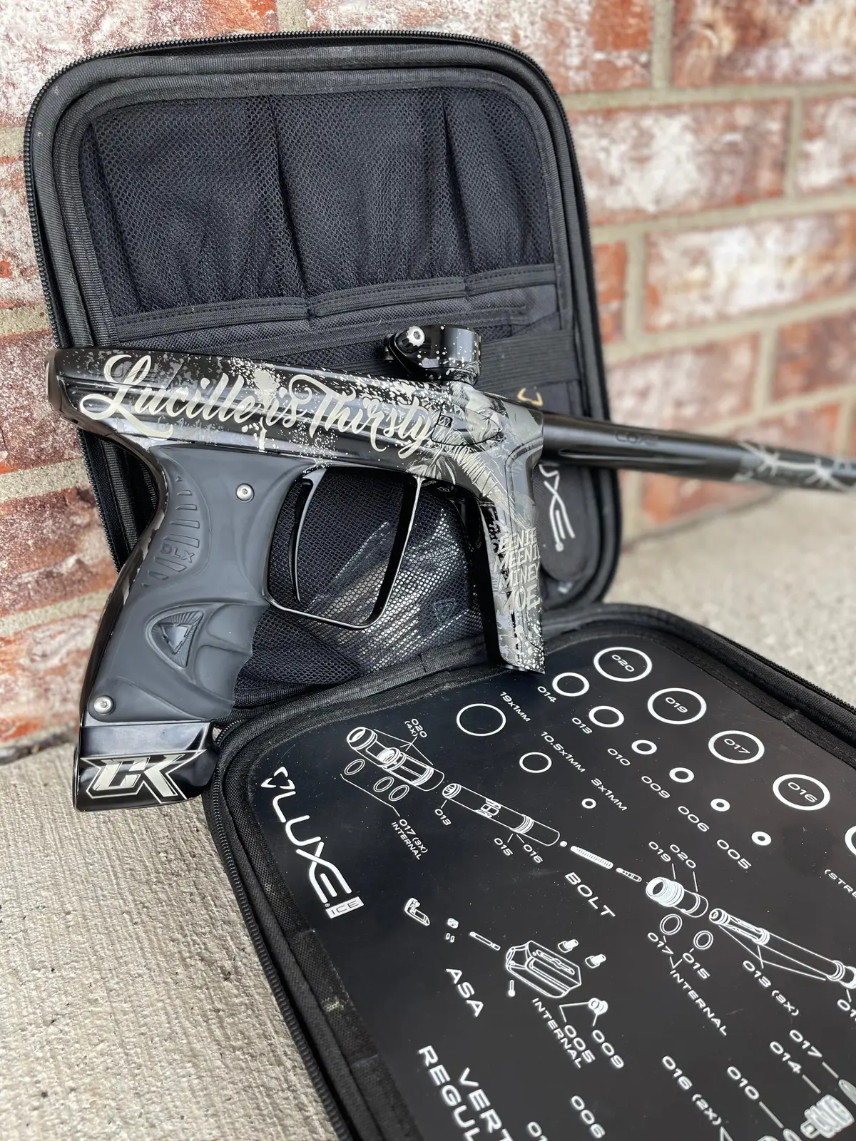 Used Dlx Luxe Ice Paintball Gun -  Gloss Black/Dust Black W/ Ck "Lucille Is Thirsty" Laser Engraving 1