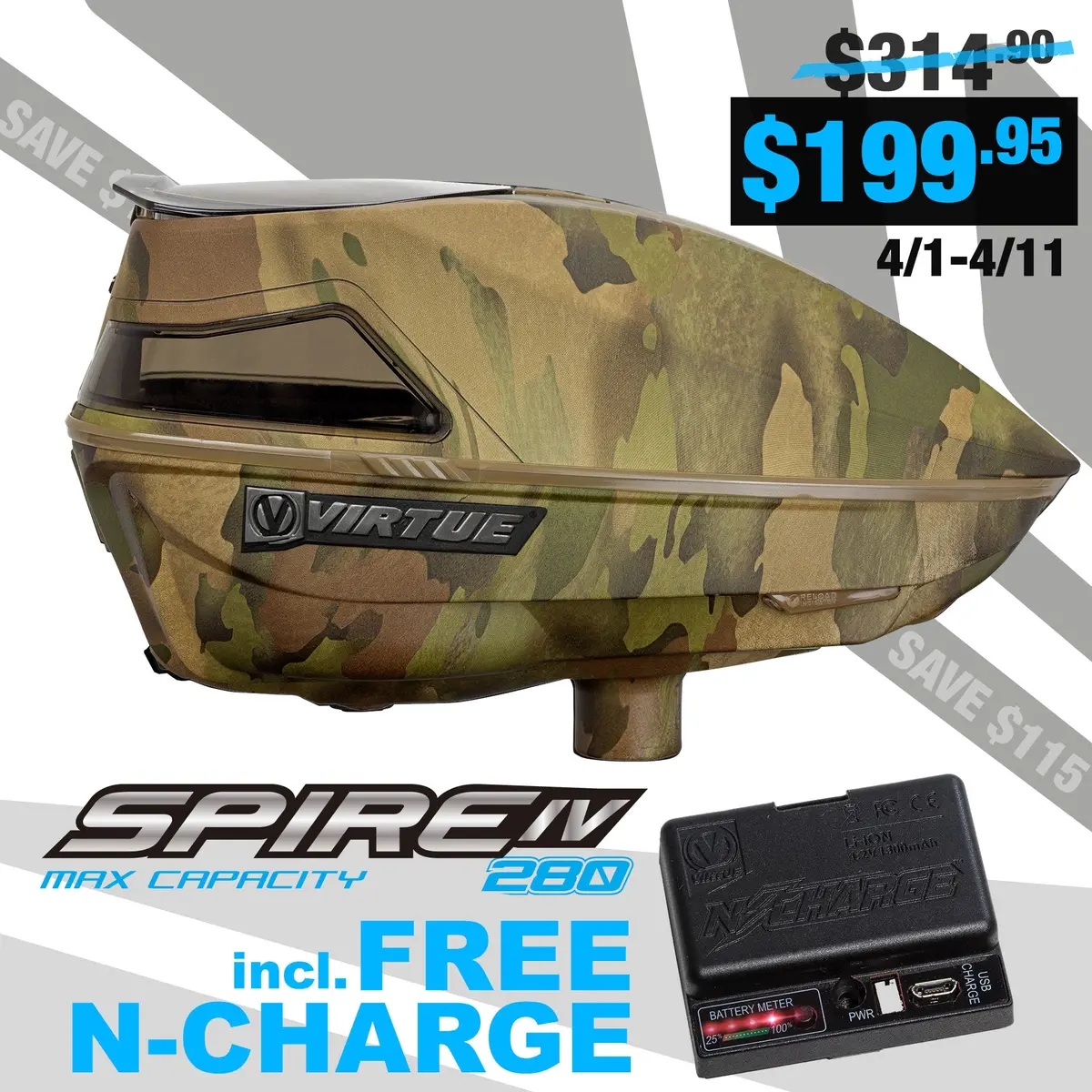 Virtue Spire 4 (Iv) 280 Paintball Loader - Reality Brush Camo - W/ Free N-Charge 1