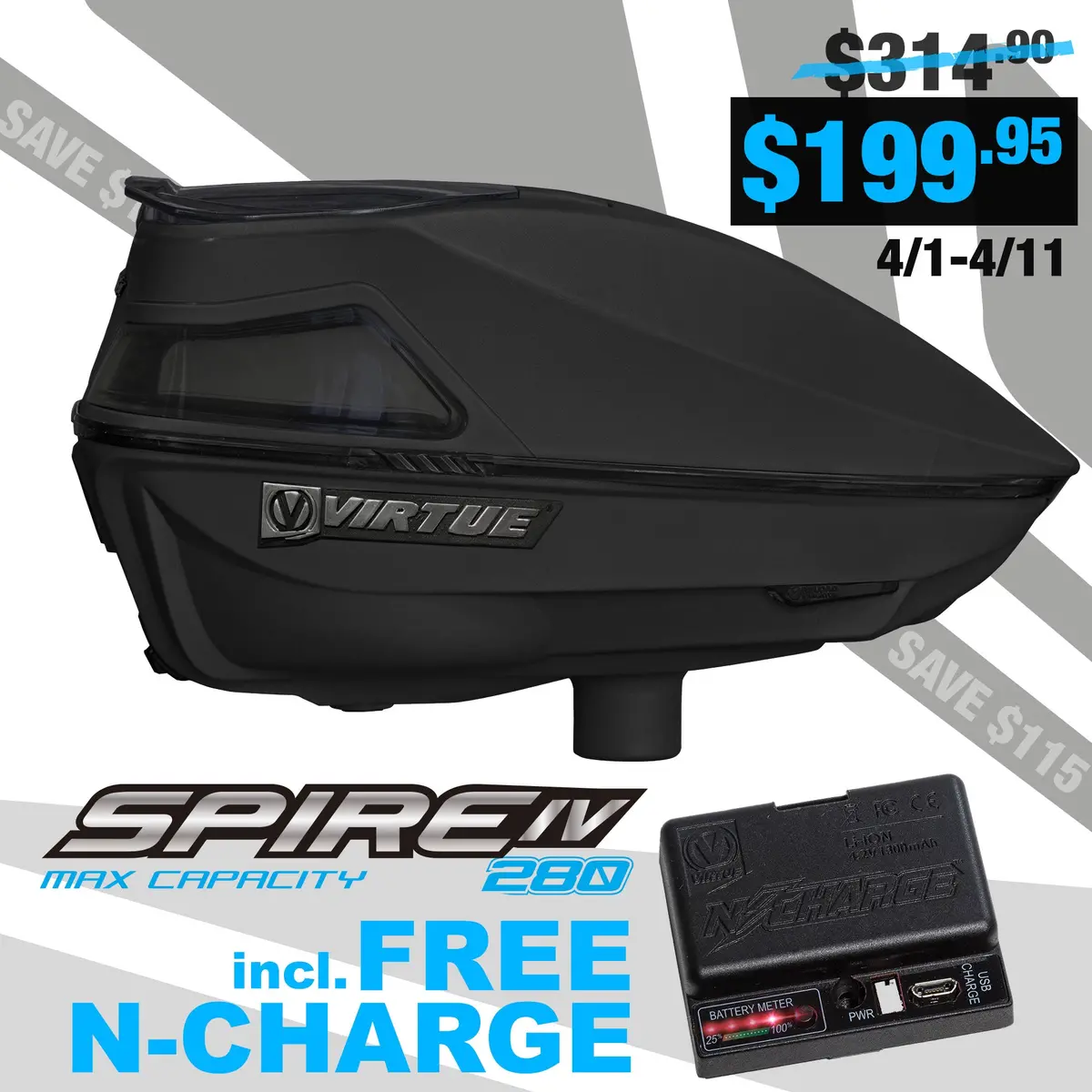 Virtue Spire 4 (Iv) 280 Paintball Loader - Black - W/ Free N-Charge 1