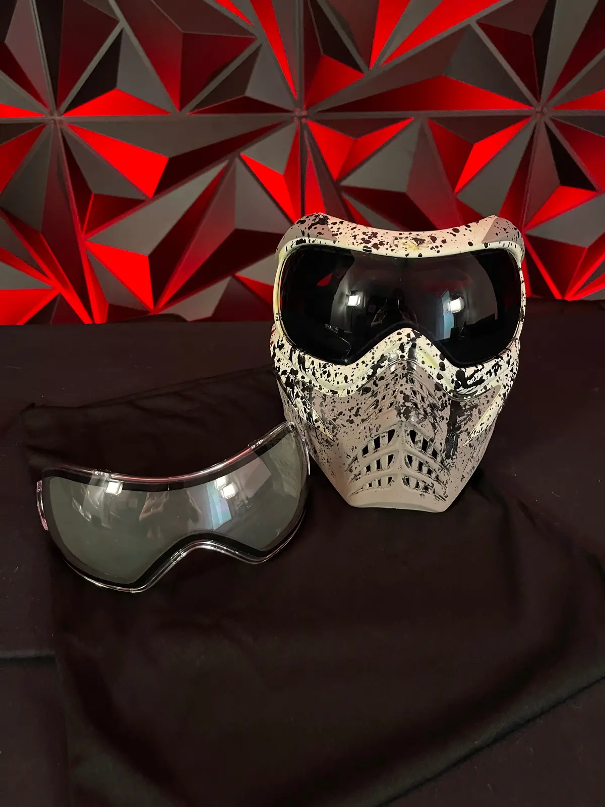 Used V-Force Grill Paintball Mask - Custom Black Splash (Painted On) W/Extra Clear Lens & Soft Goggle Bag 1