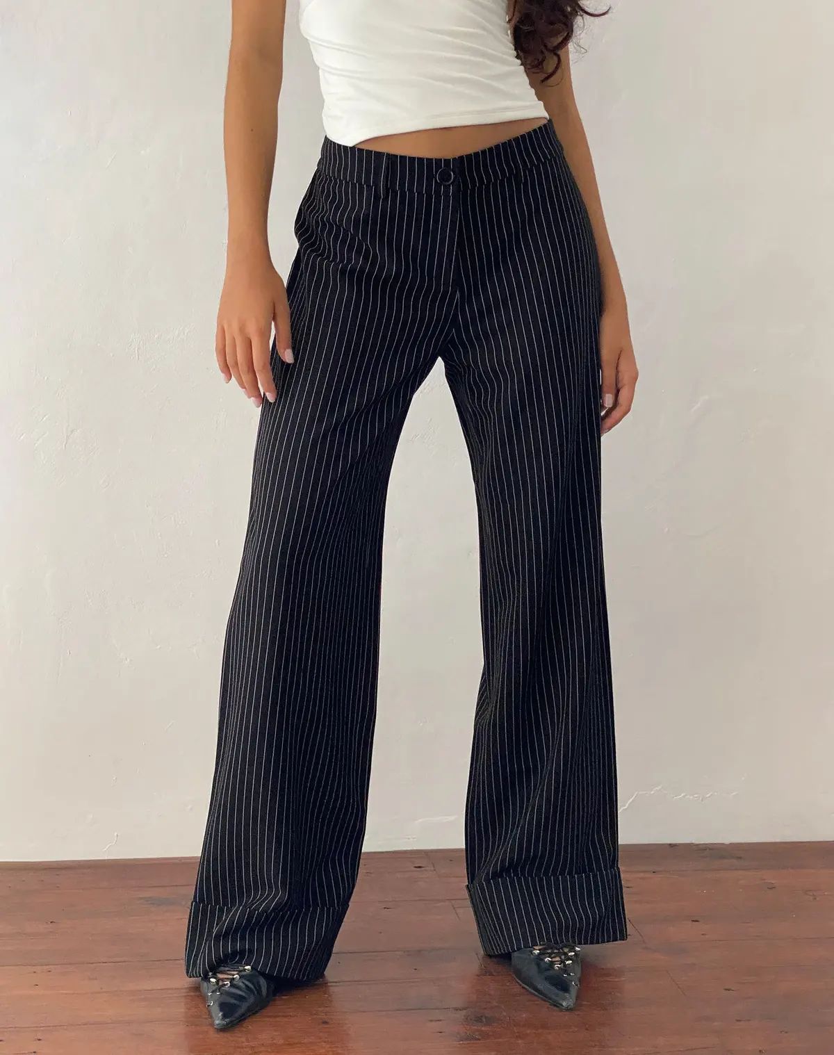 Abba Low Rise Trouser In Black Pinstripe Tailoring 1