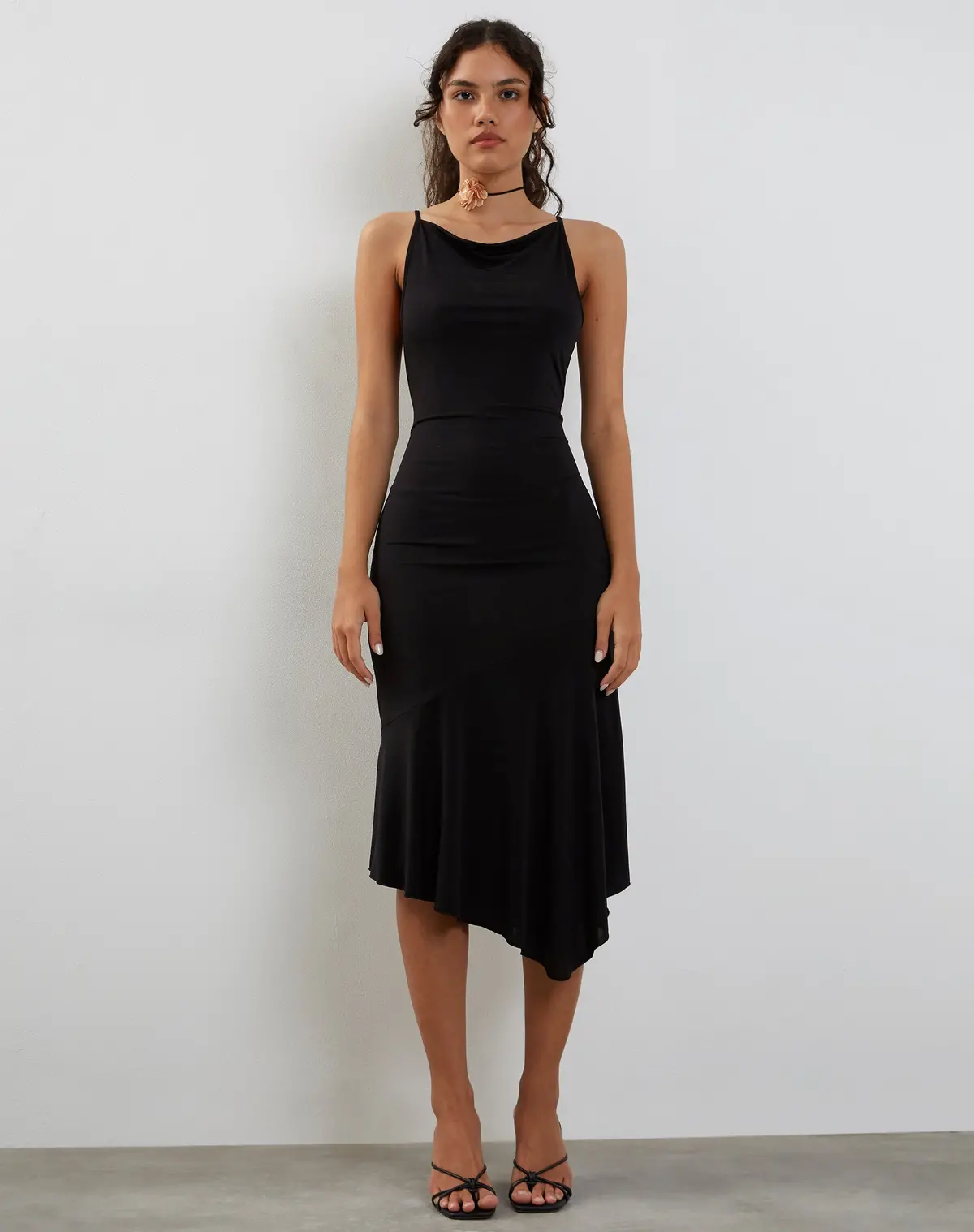 Adina Asymmetric Hem Midi Dress In Slinky Black 1