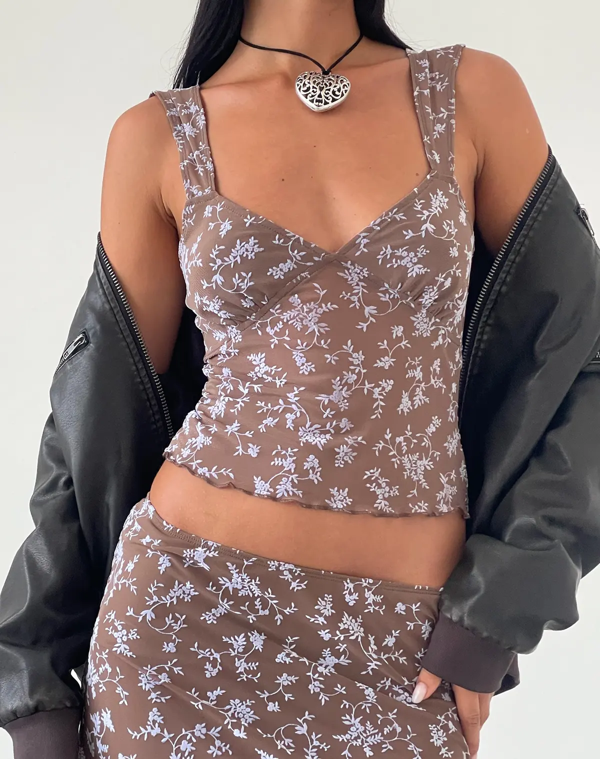Aerin Mesh Cap Sleeve Top In Botanist Flock Dark Taupe 1