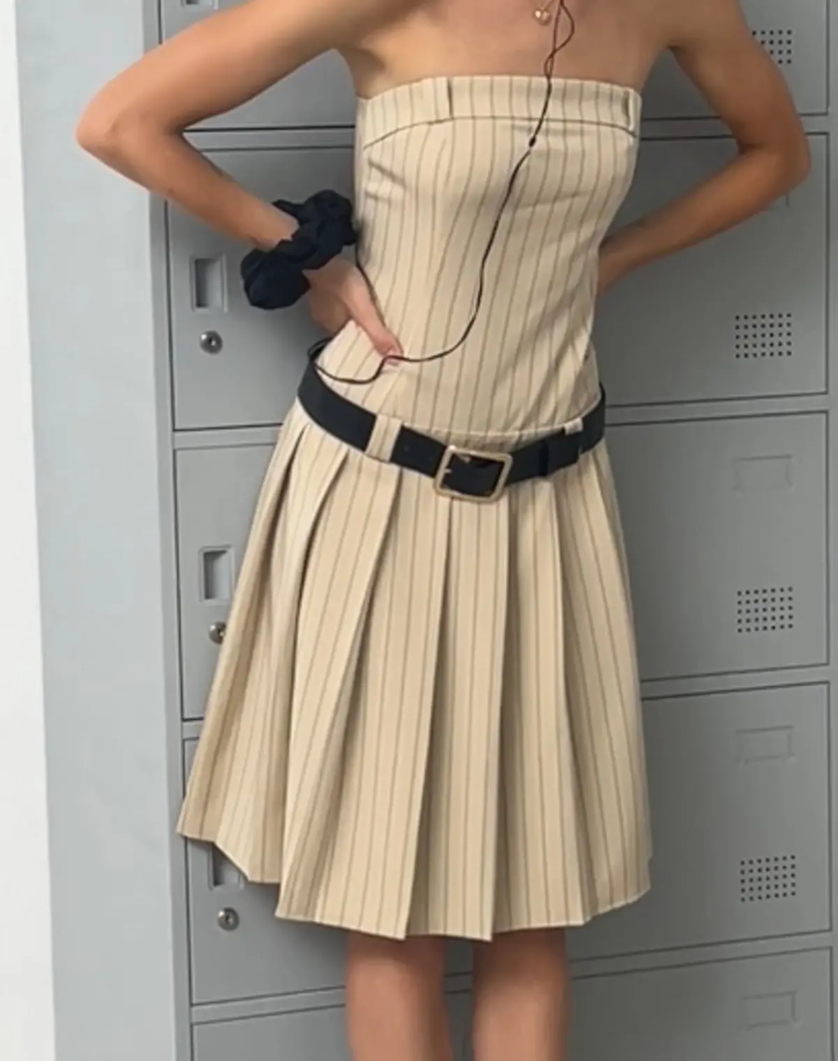 Aldari Bandeau Midi Dress In Tailoring Tan Pinstripe 1