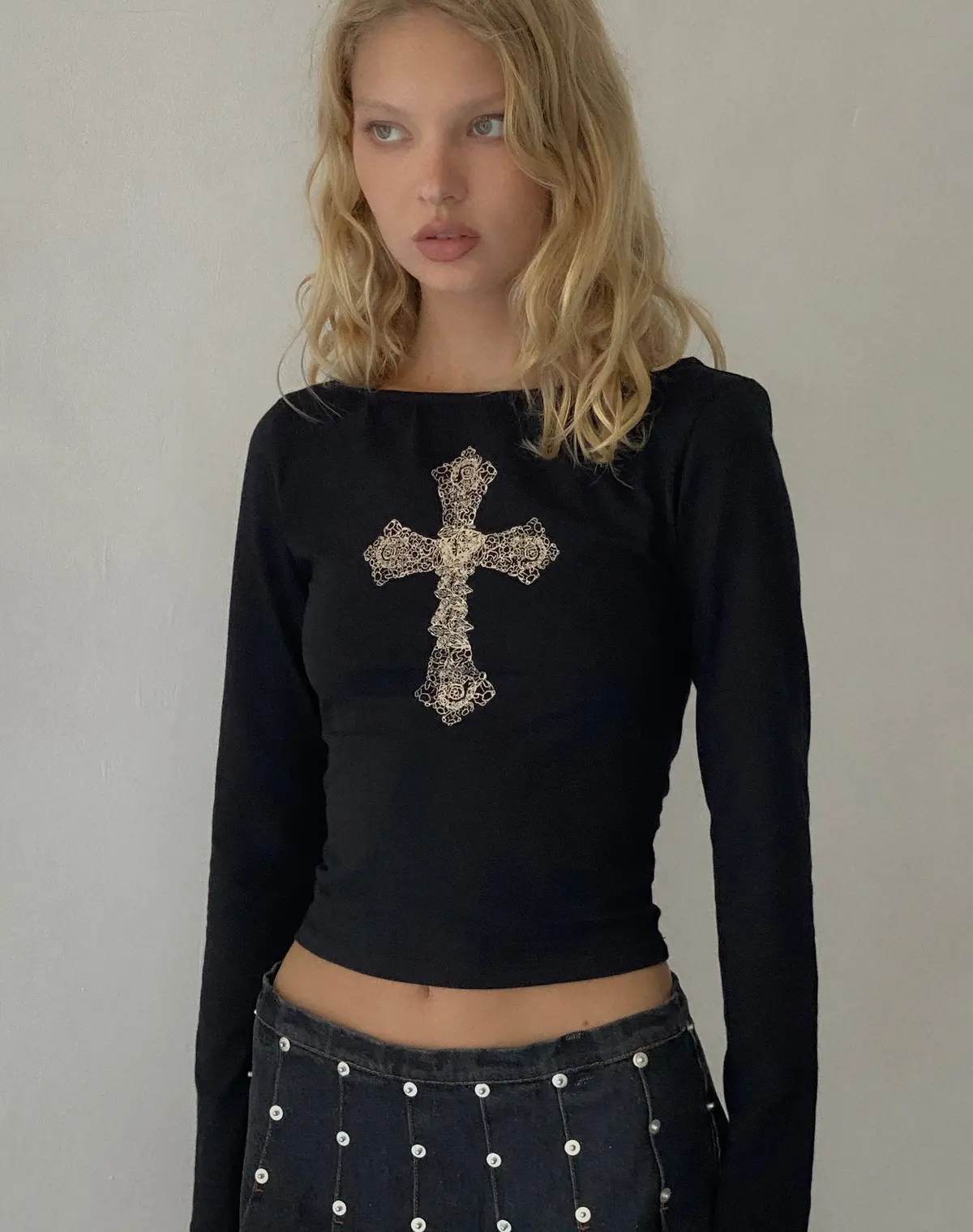 Amabon Top In Black With Cross Motif 1