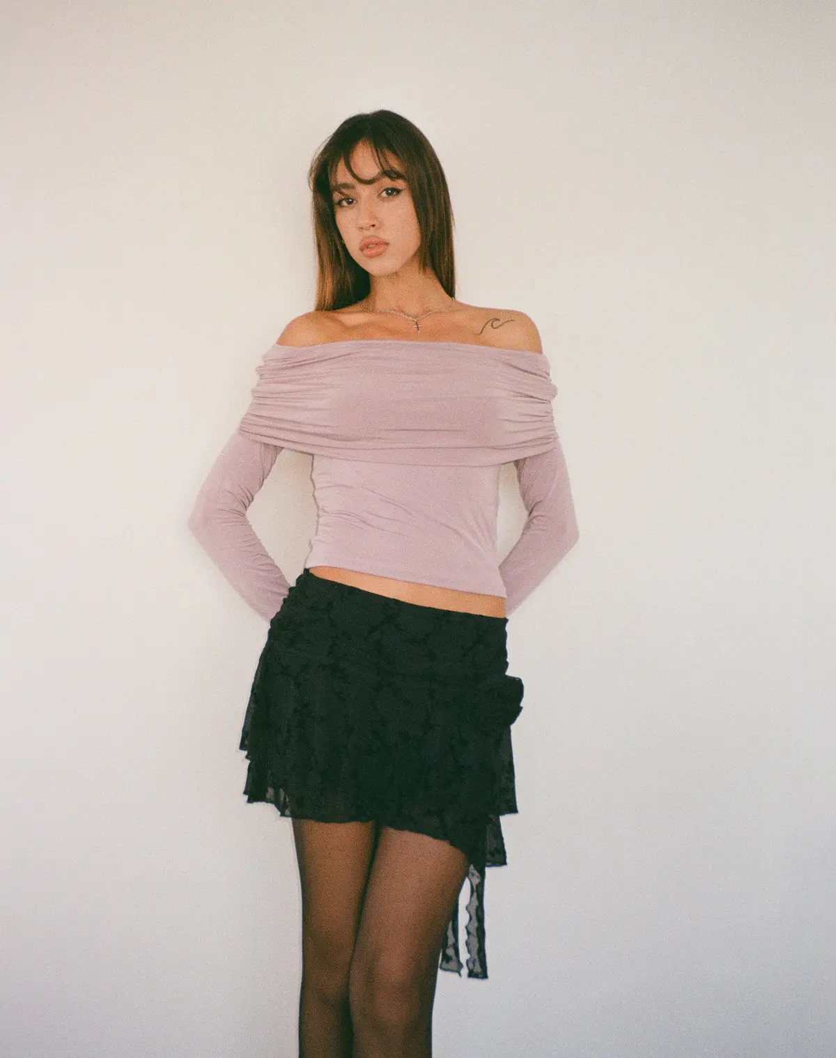 Andi Long Sleeve Bardot Top In Slinky Mauve 1