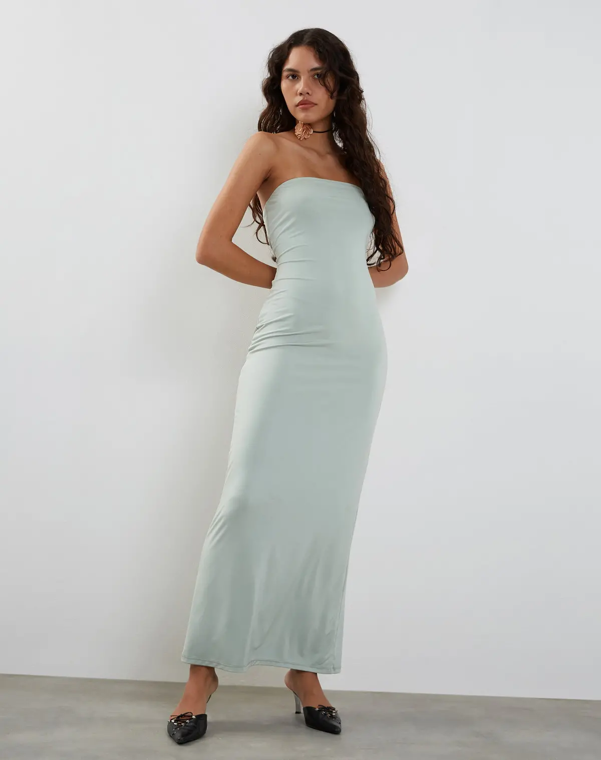 Annalise Bandeau Slinky Maxi Dress In Mint 1