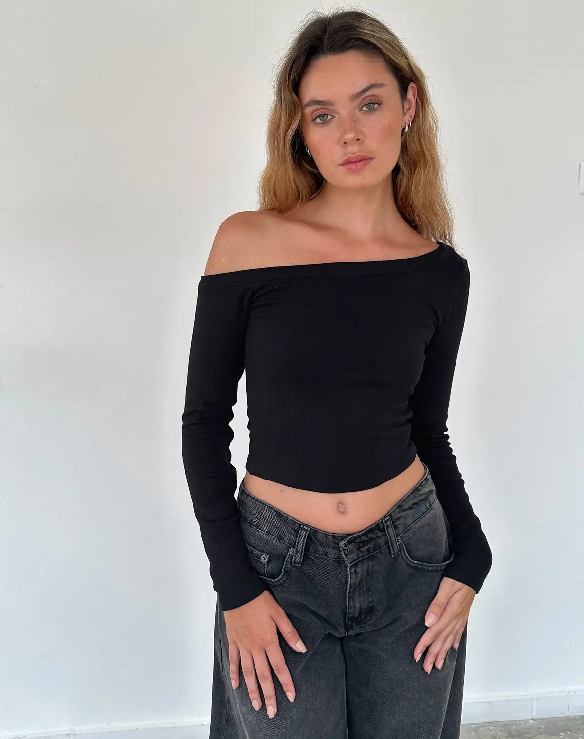 Ashia Asymmetric Long Sleeve Top In Black Super Soft Thick Rib 1