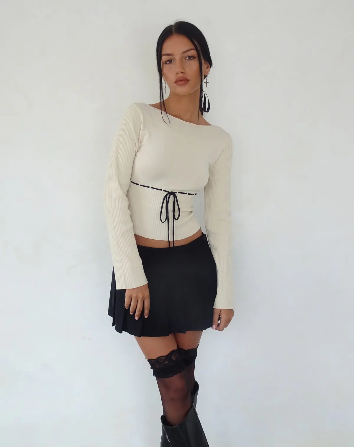 Awdella Knitted Long Sleeve Top In Beige 1