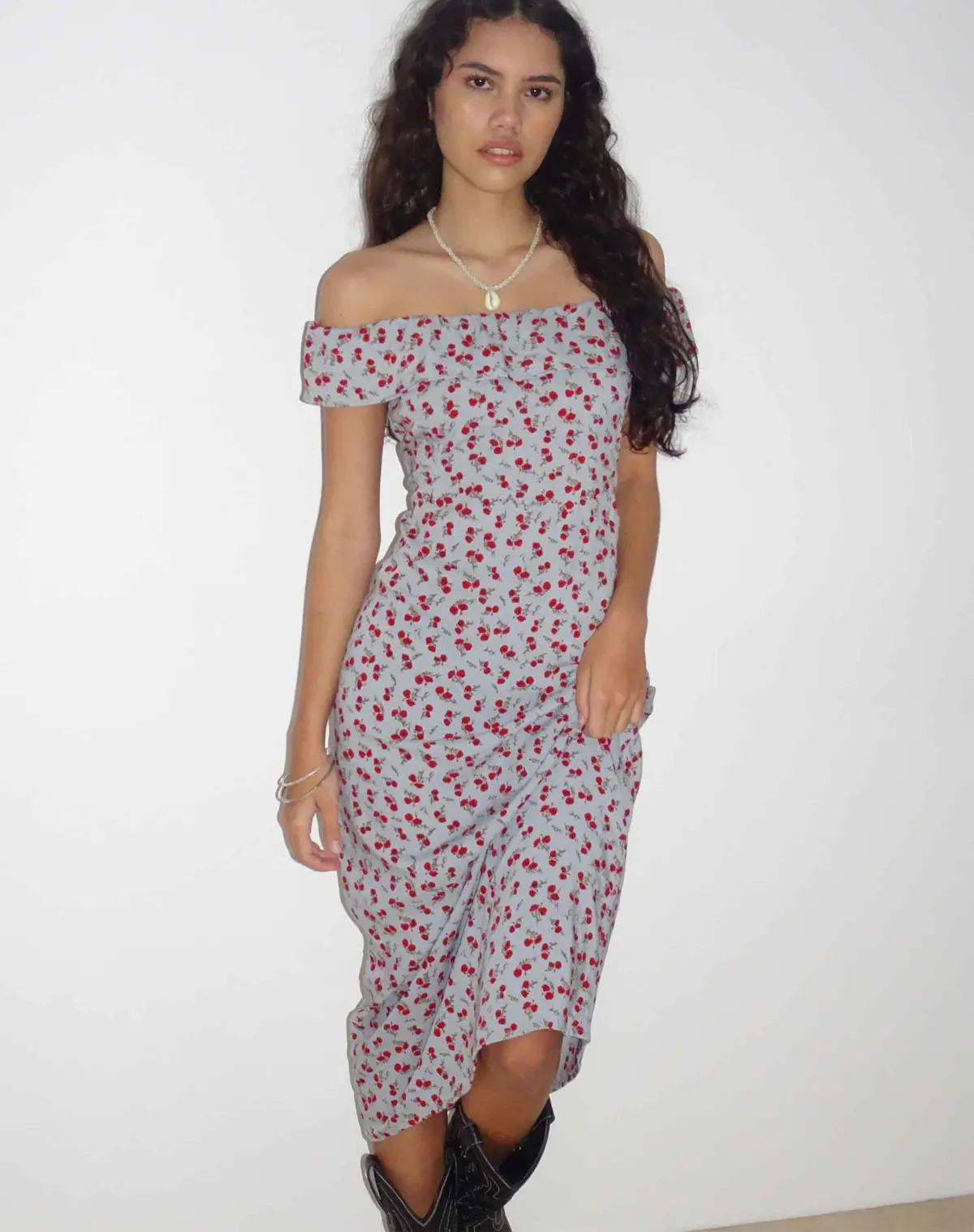 Ayudia Bardot Midi Dress In Blue Floral Ditsy 1