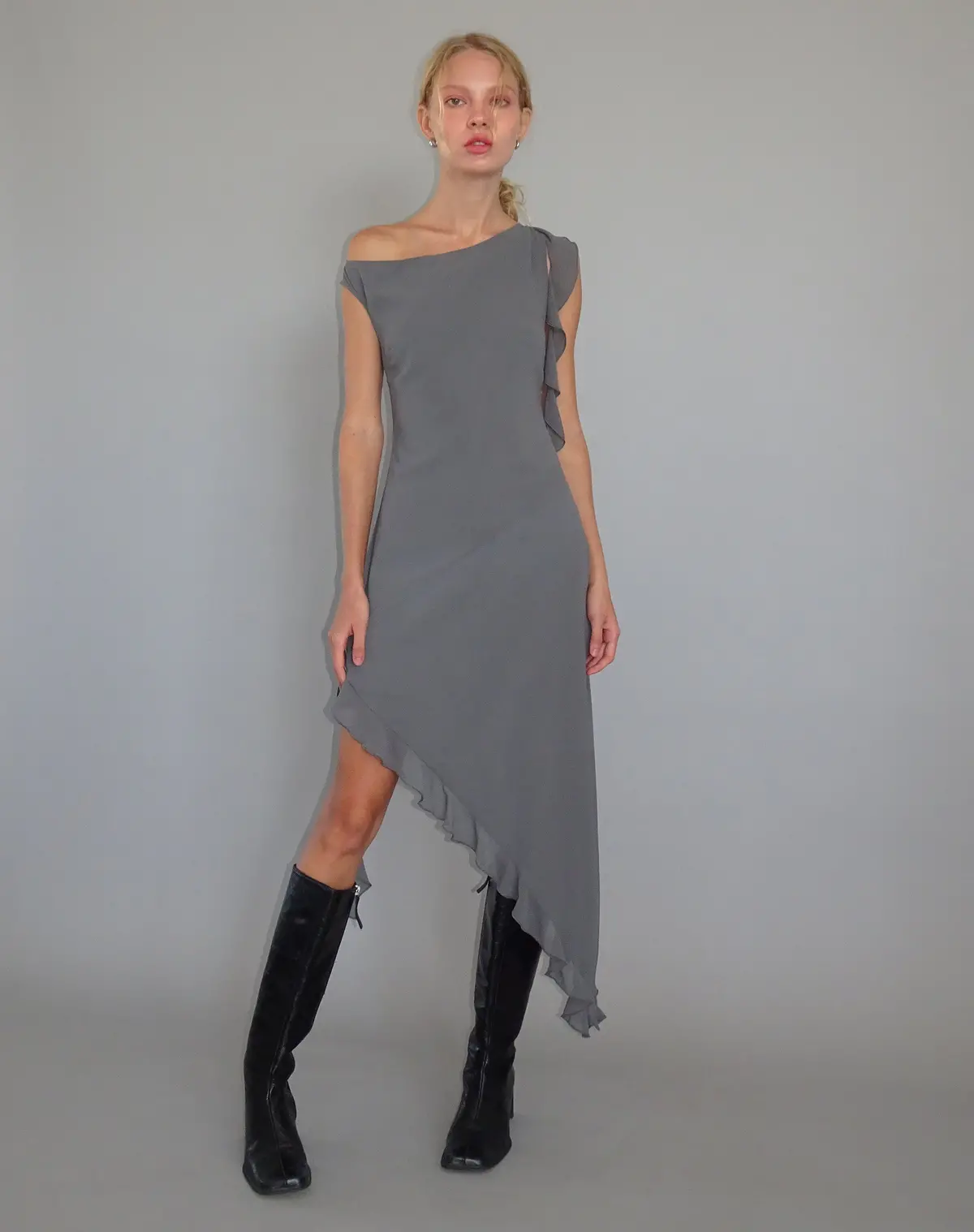 Beleri Ruffle Asymmetric Dress In Grey Chiffon 1