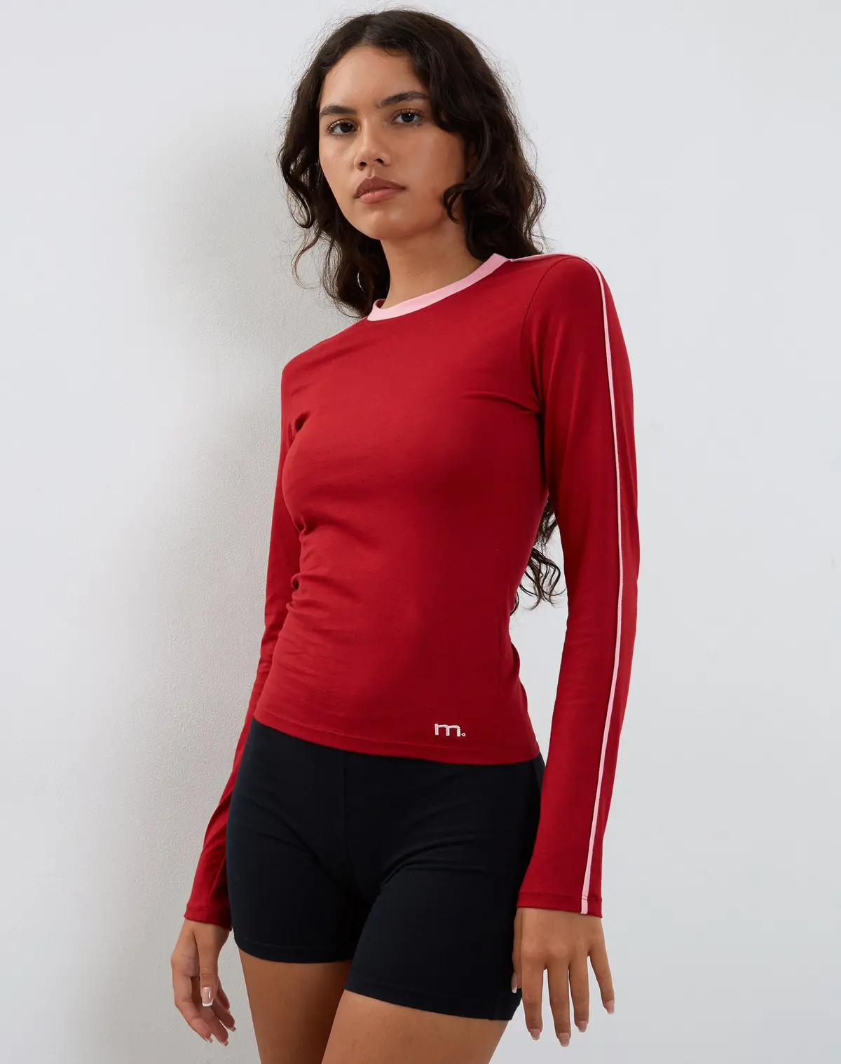 Bonija Long Sleeve Top In Red With Pink Binding 1