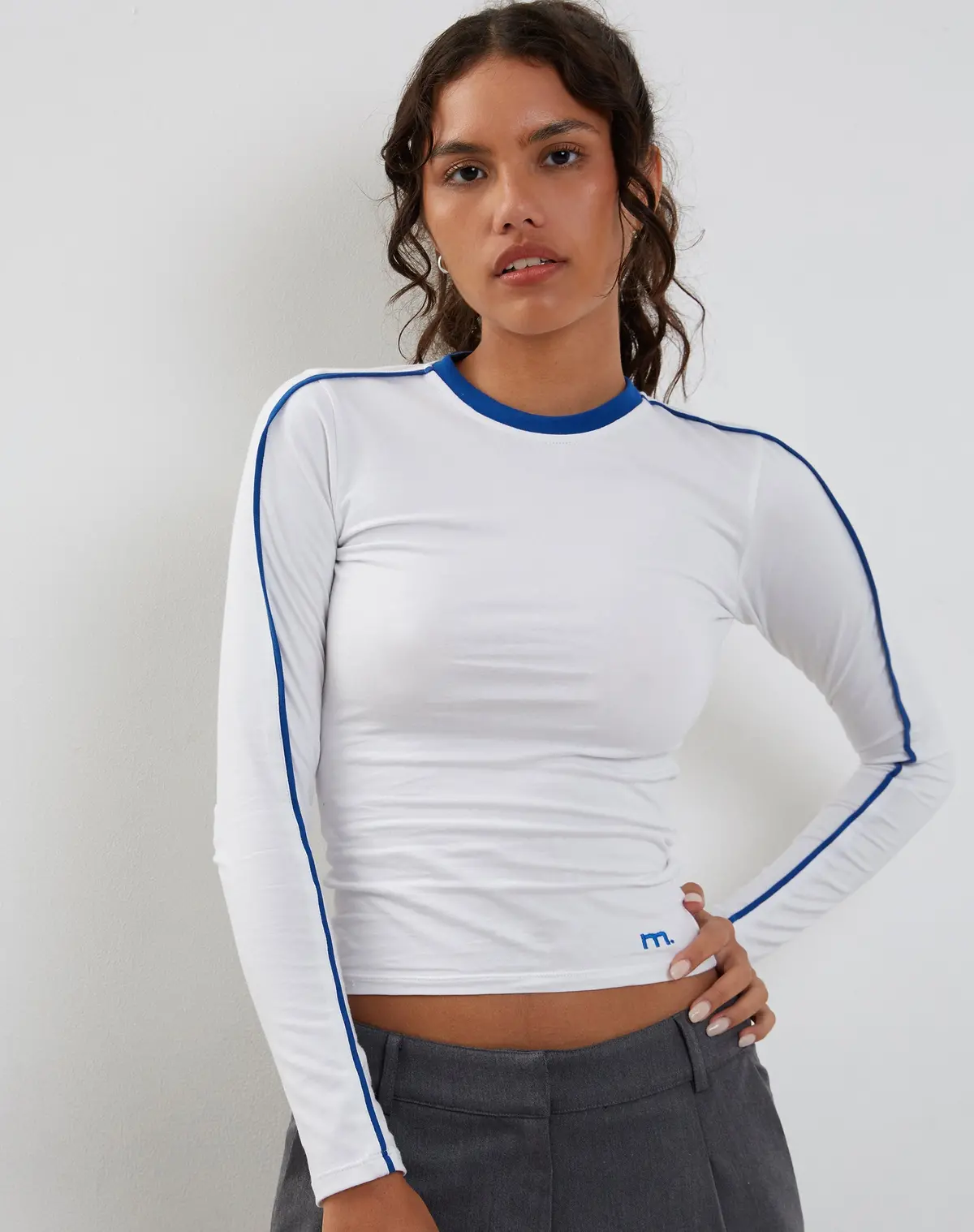 Bonija Long Sleeve Top In White With Cobalt Binding 1