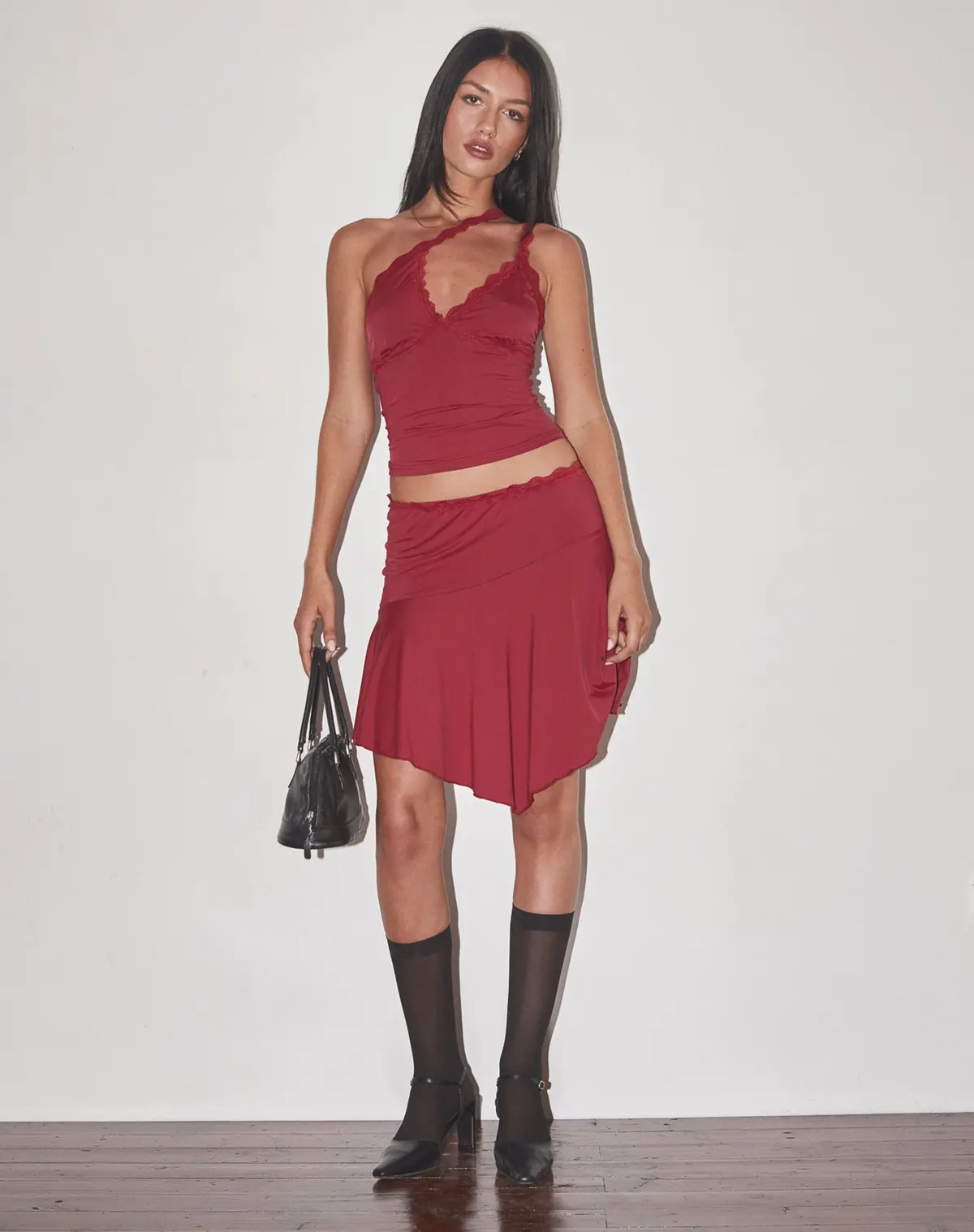 Lula Lace Trim Mini Skirt In Dark Cherry 1