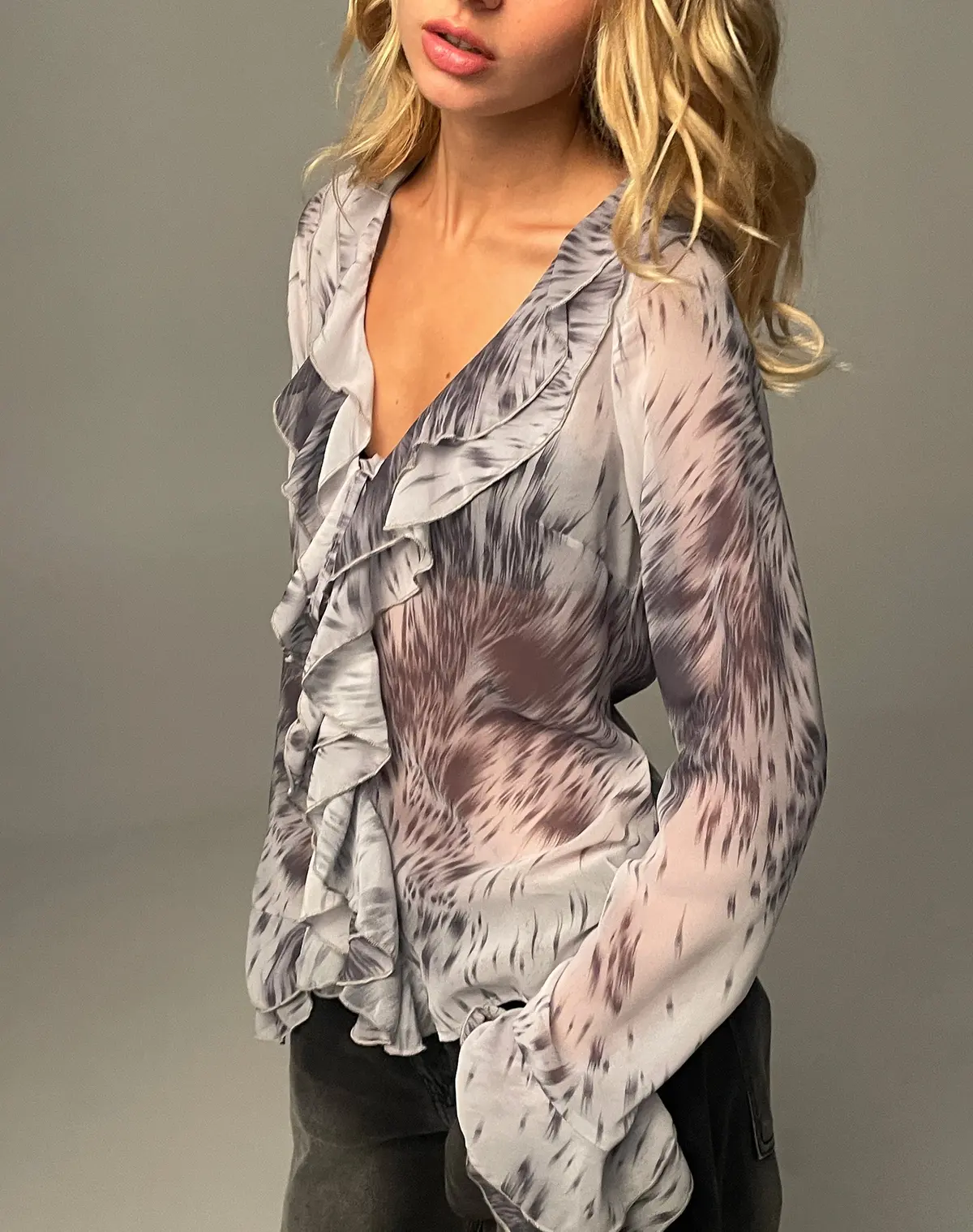 Cecelia Ruffle Detail Blouse In Distorted Animal Print 1