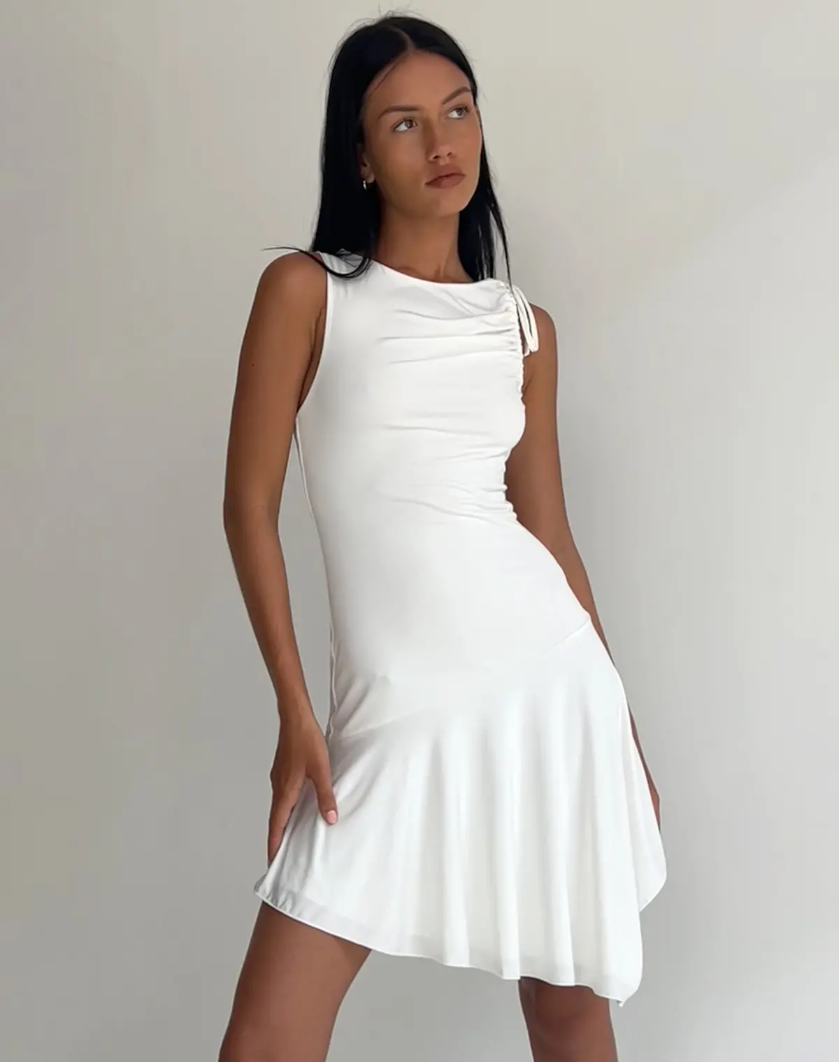 Chaya Waterfall Hem Mini Dress In Slinky Ivory 1