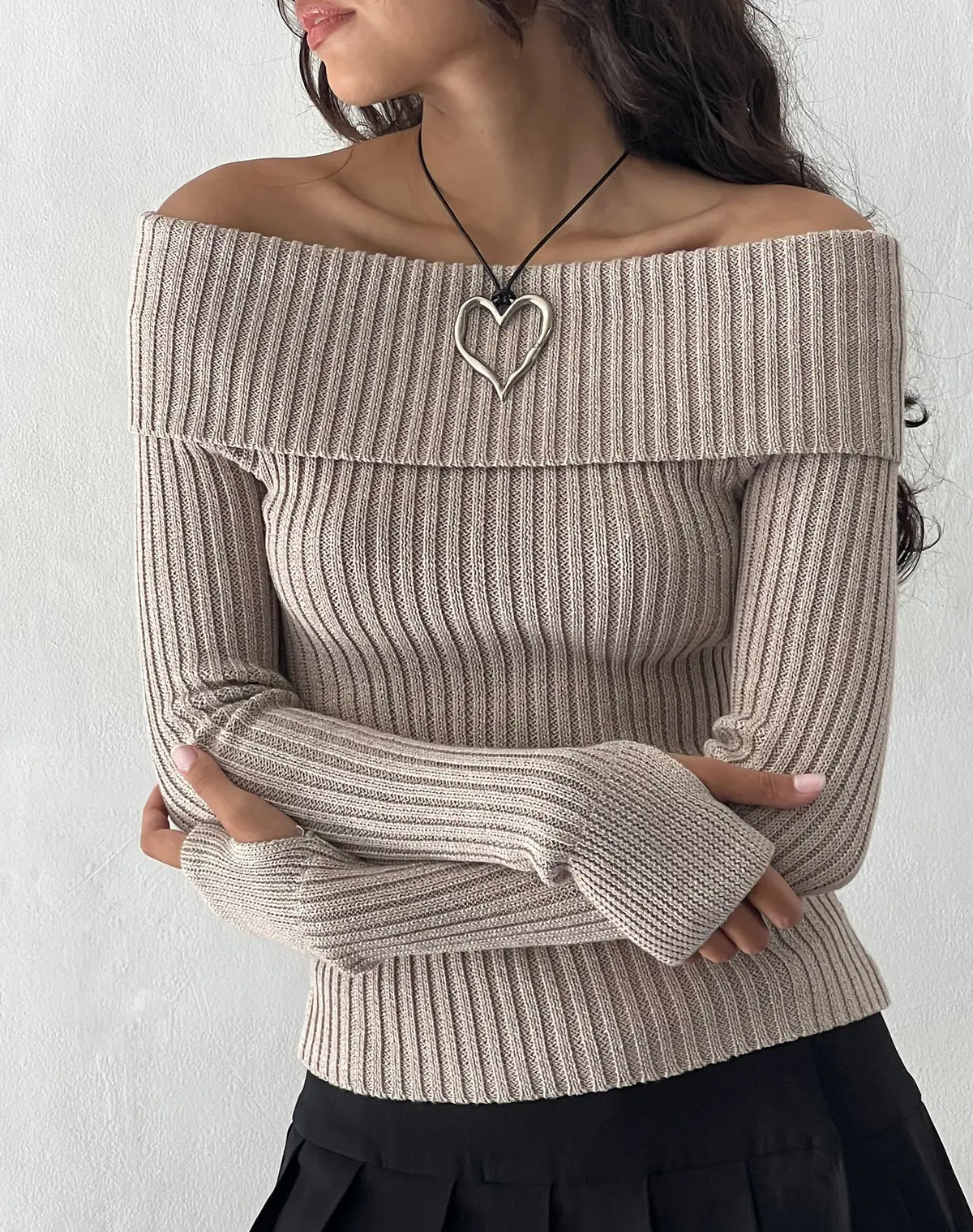 Circe Off-Shoulder Long Sleeve Knit Top In Natural 1