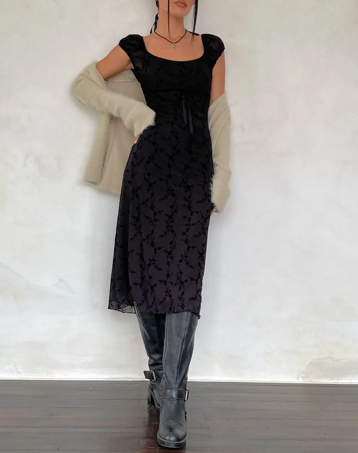 Clarisse Midi Dress In Mesh Vine Flower Black 1