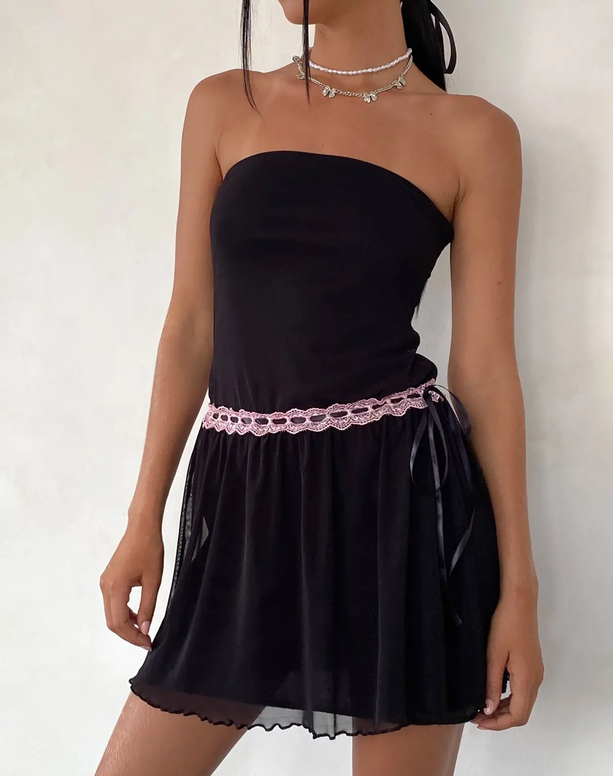 Cleodora Bandeau Mesh Mini Dress In Black With Pink Waistband 1
