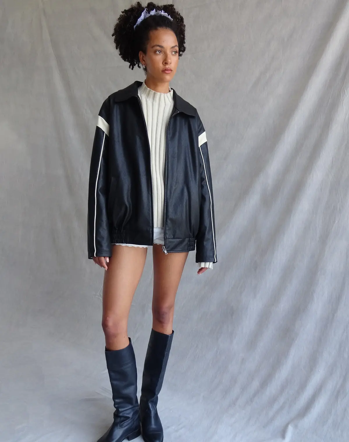 Corvina Pu Jacket In Black With Ivory 1