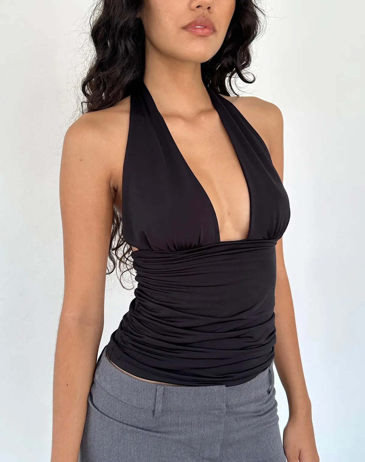 Cosimo Plunge Halterneck Top In Black Slinky 1