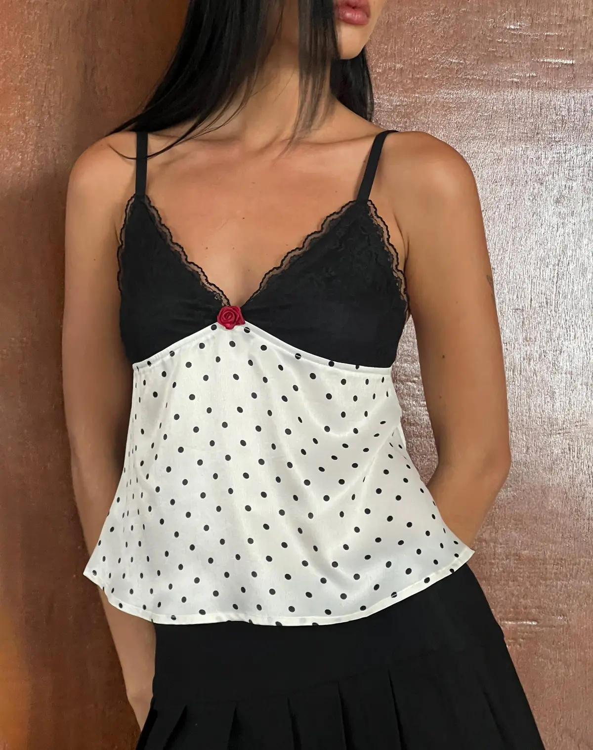 Dalinda Cami Top In Black And White Polka Dot Satin 1