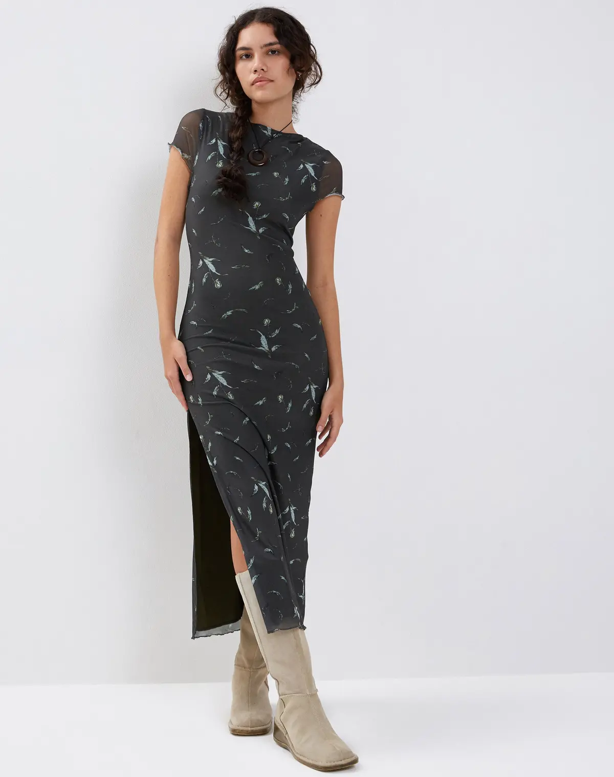 Danari Mesh Maxi Dress In Floral Khaki Silhouette 1