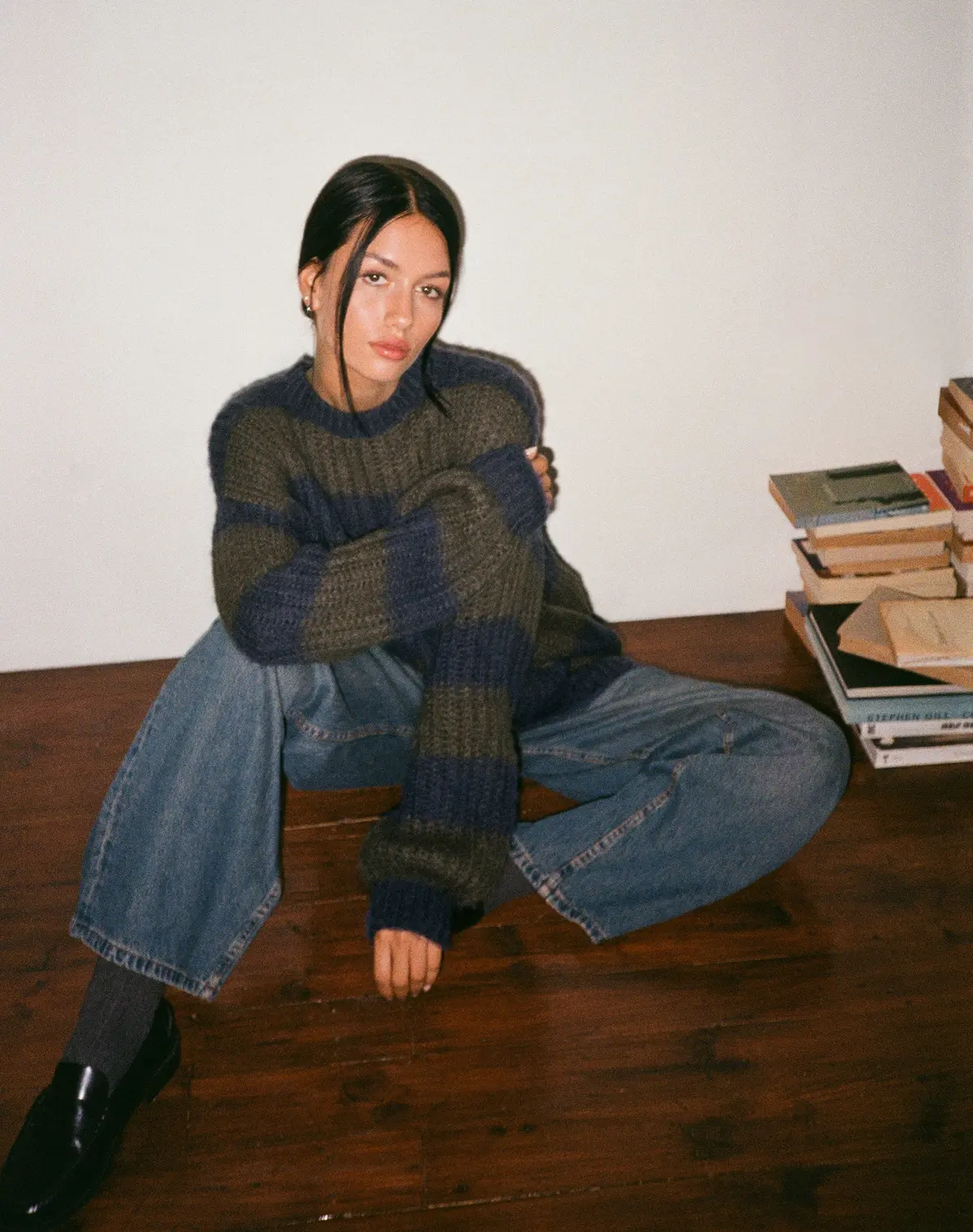 Daren Knitted Oversized Jumper In Khaki And Navy Blue Stripe 1