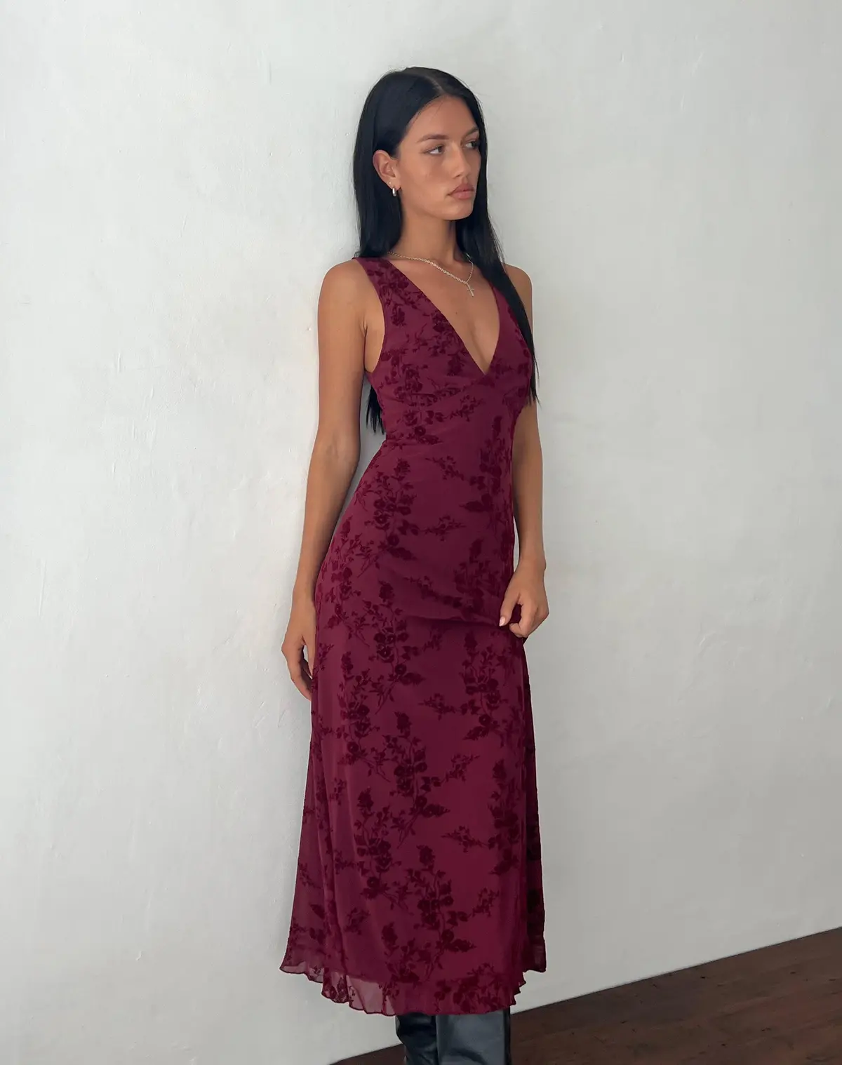 Gabriela Midi Dress In Botanical Flower Maroon 1