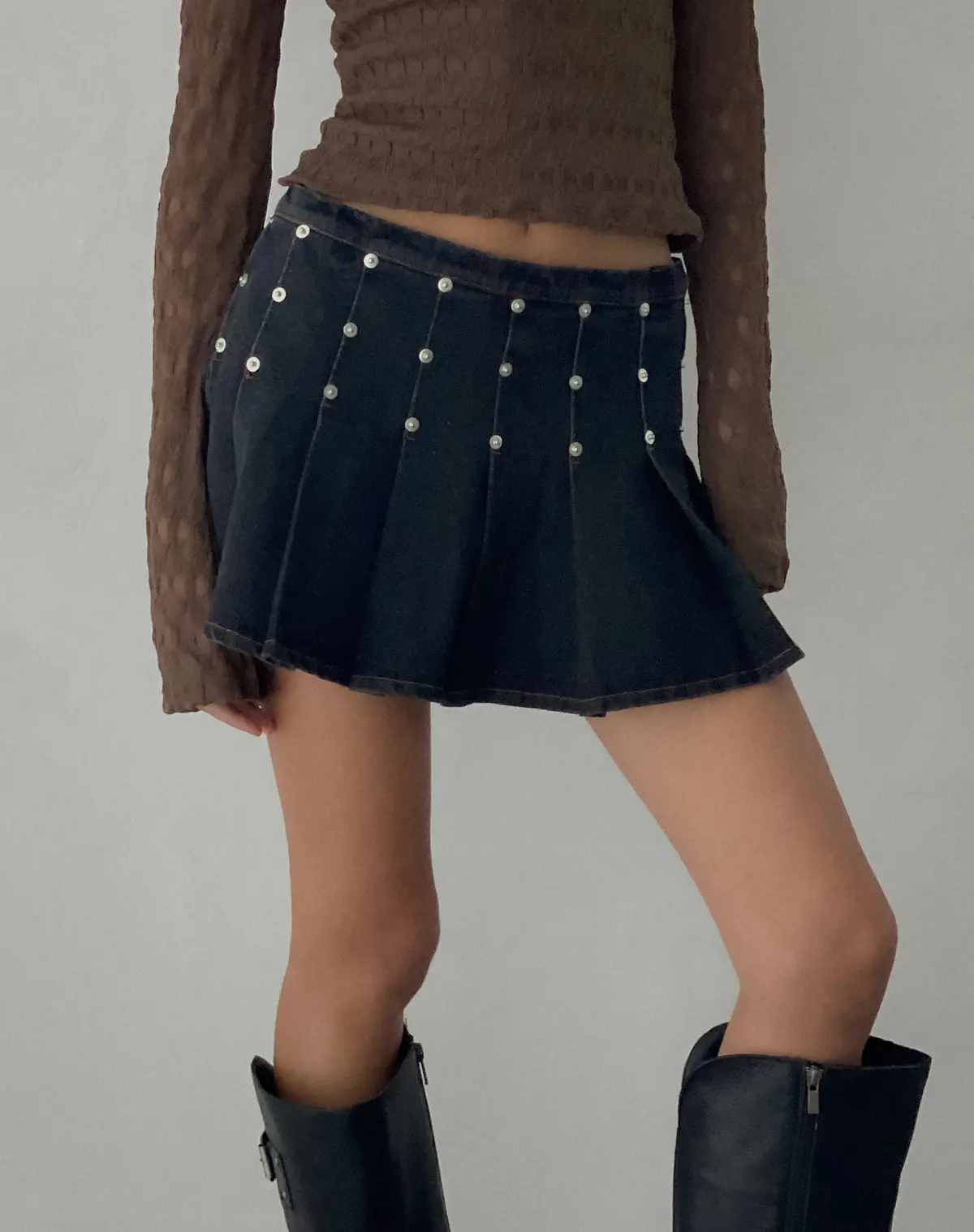 Gatlin Pleated Denim Mini Skirt In Black Wash With Studs 1