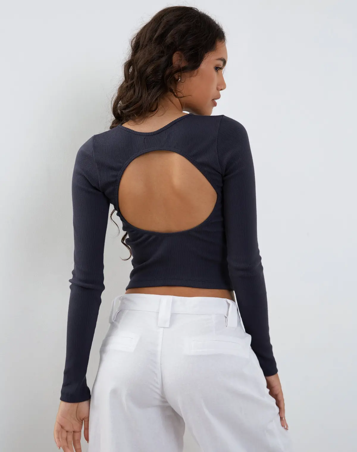 Gelbon Open Back Long Sleeve Top In Ribbed Ocean Storm 1