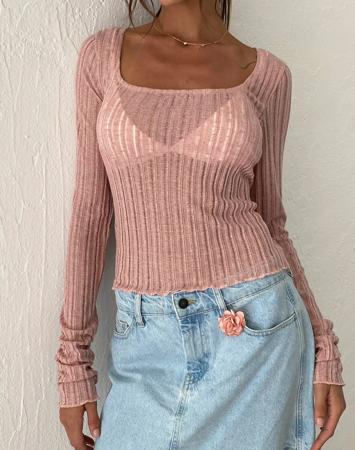 Halsey Knitted Extra Long Sleeve Top In Pink 1