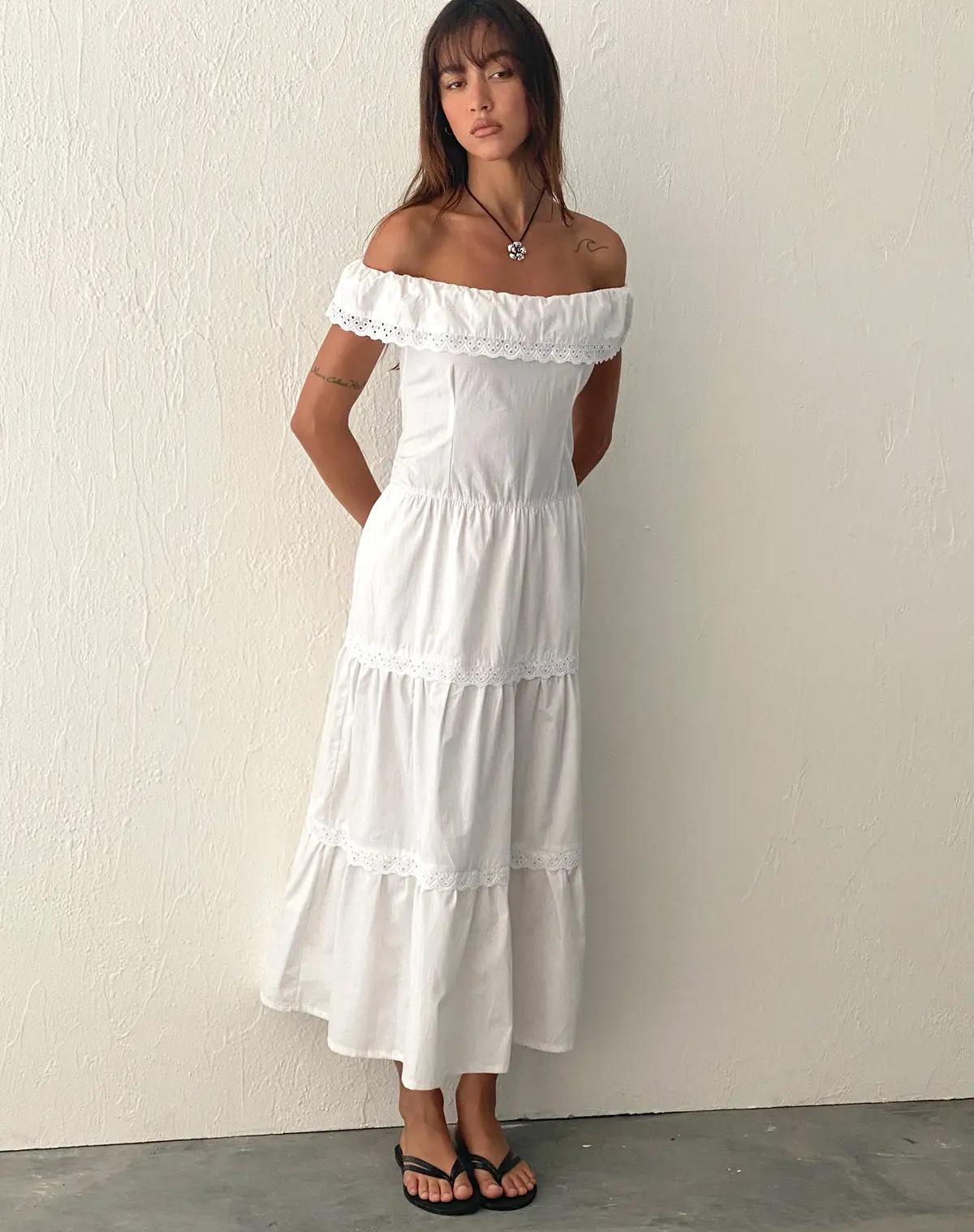 Helpa Tiered Bardot Maxi Dress In White 1
